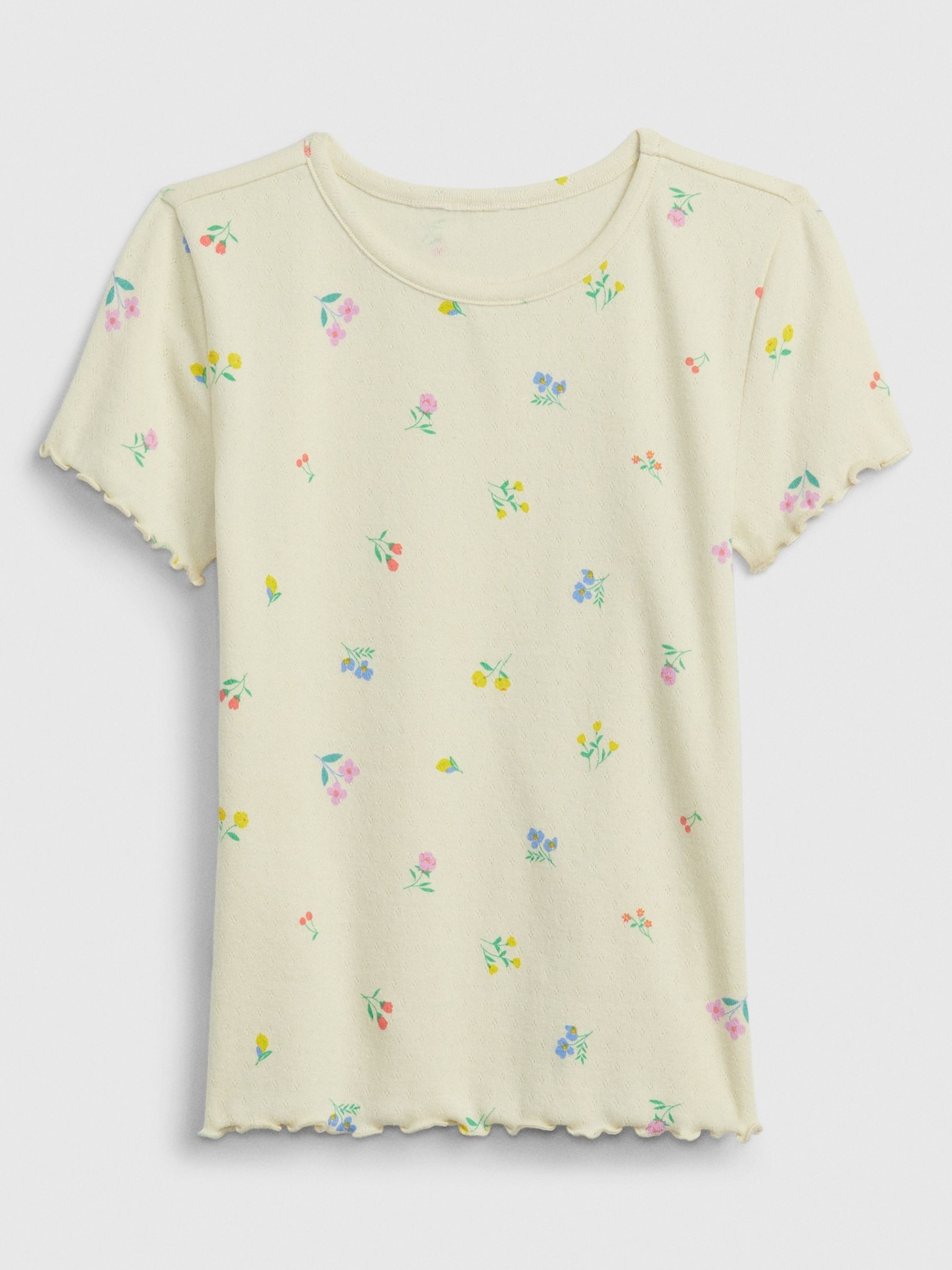 Cream Floral Pointelle Lettuce Short Sleeve Crew Neck T-Shirt (4-13yrs) - Image 1 of 1