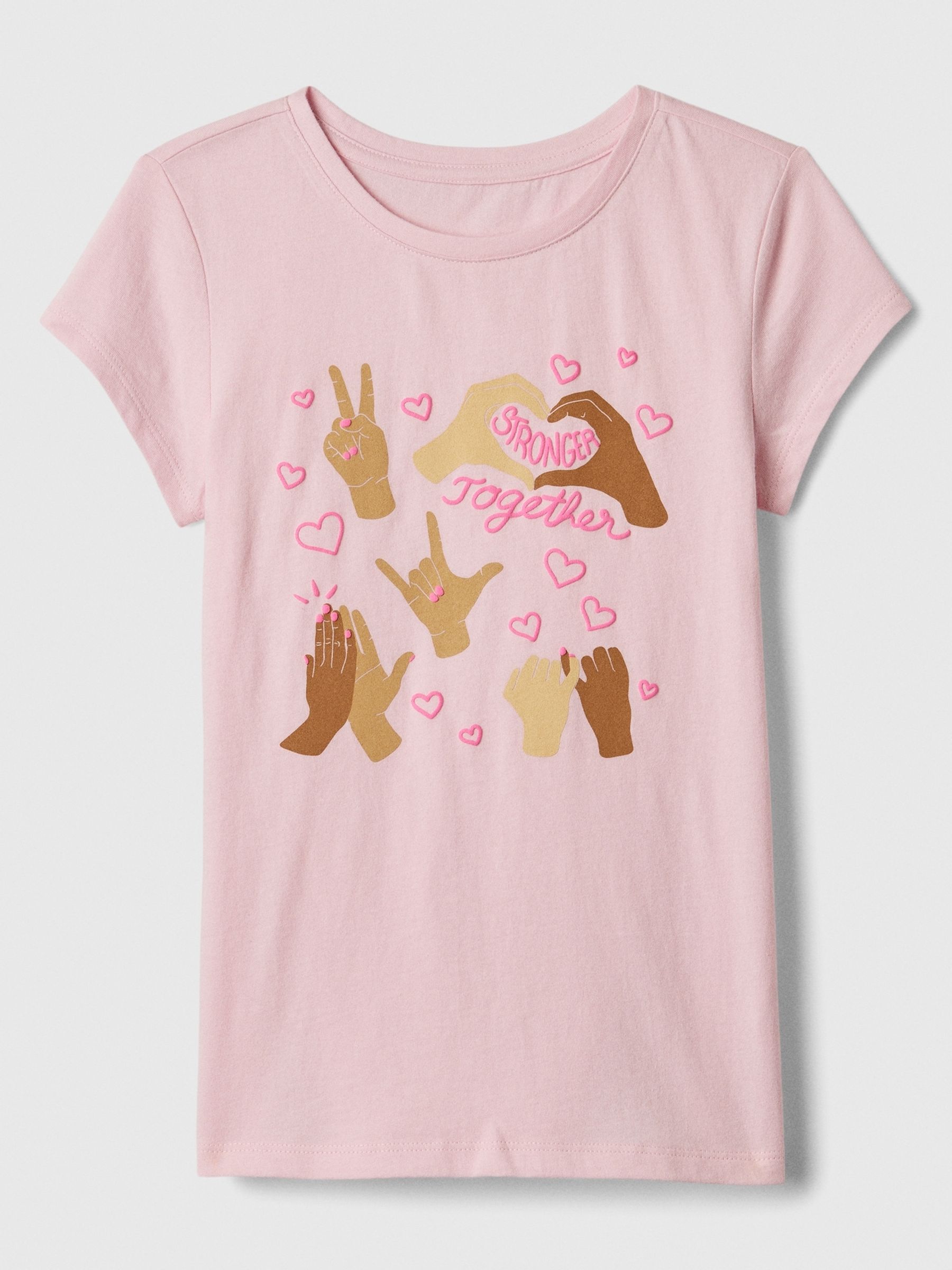 Pink Hand Signs Slogan Graphic Crew Neck Short Sleeve T-Shirt (4-13yrs) - Image 1 of 1