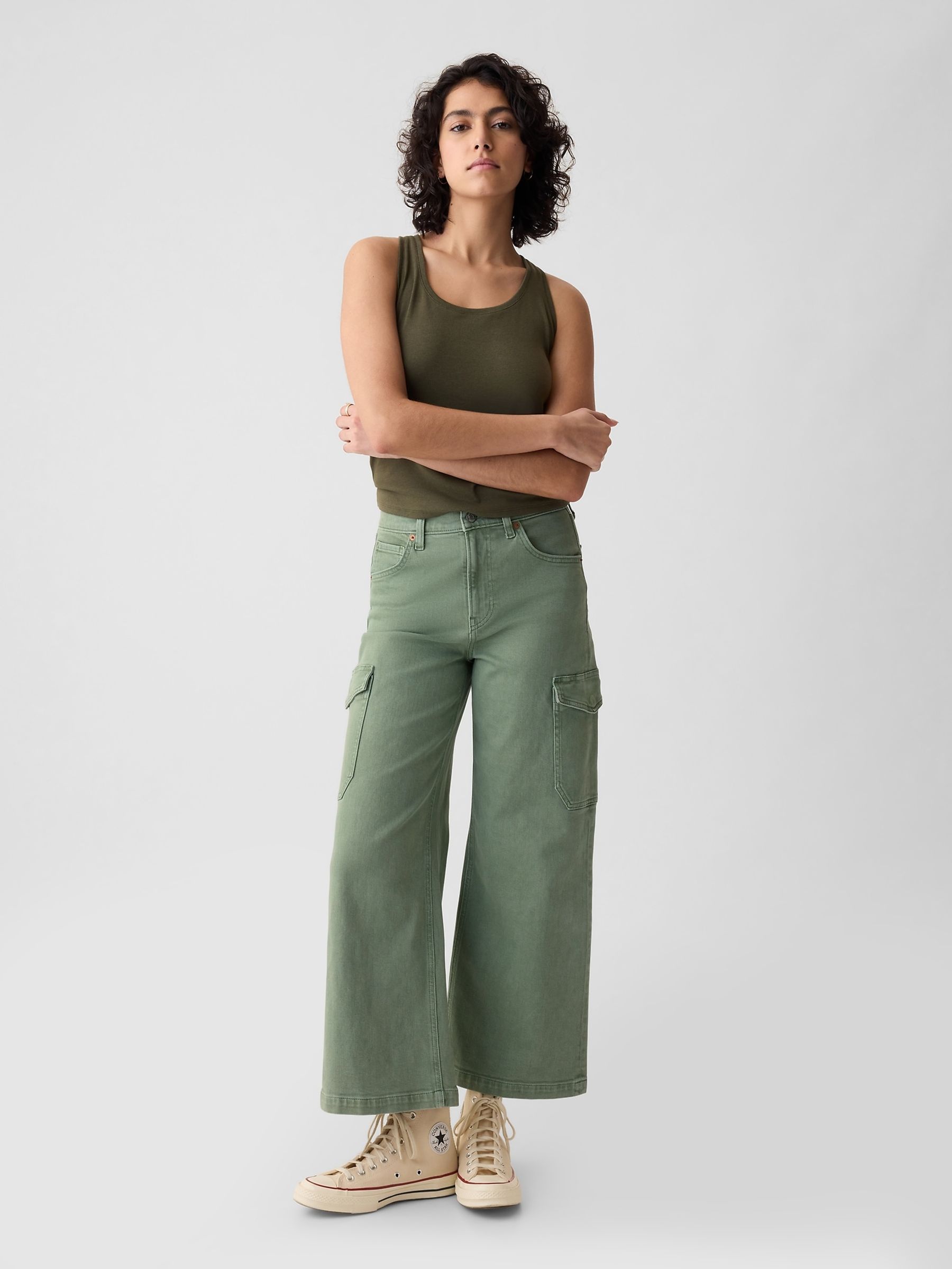 Green High Waisted Wide Leg Cargo Jeans Gap