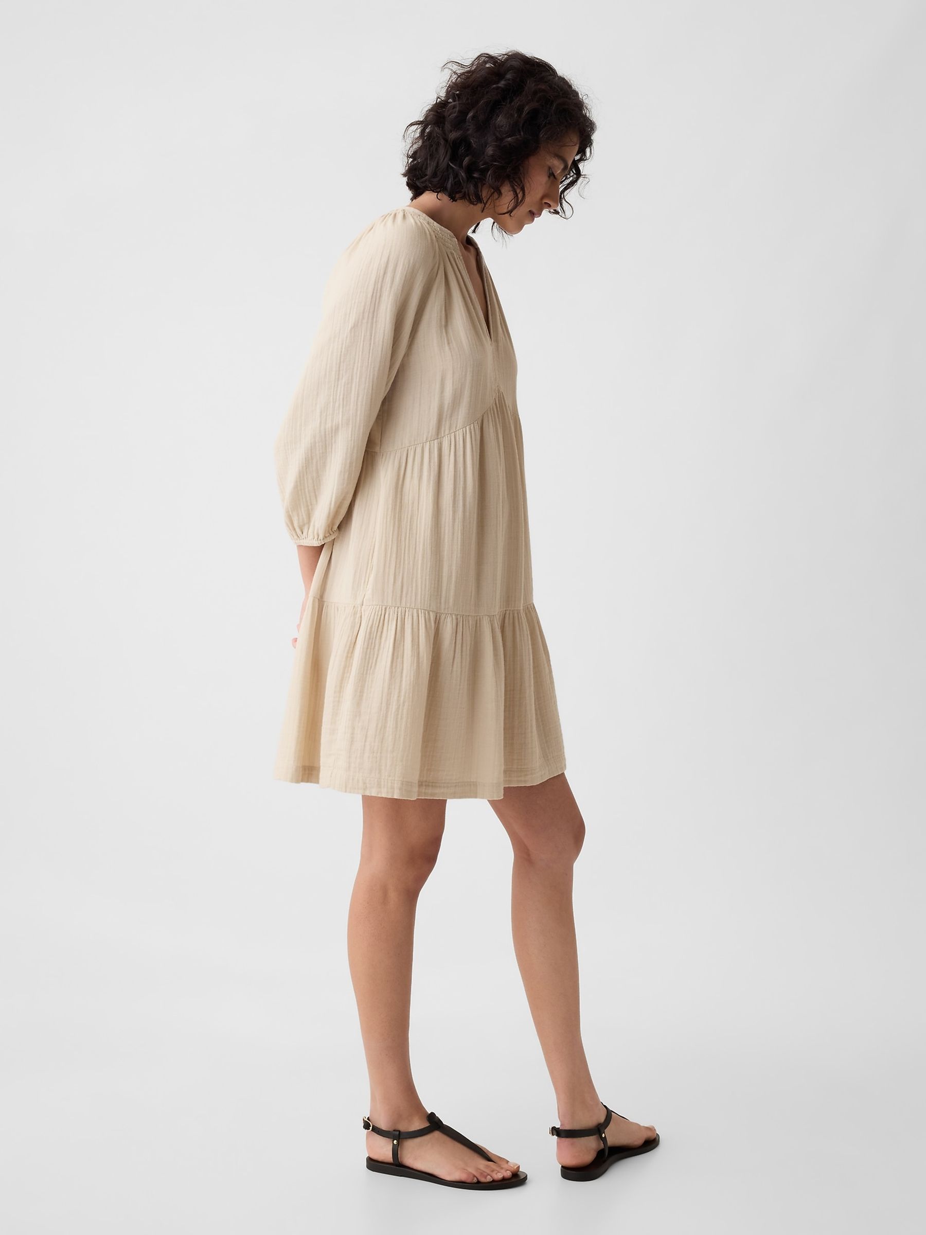 Beige Crinkle Cotton 3/4 Sleeve Tiered Mini Dress - Image 1 of 4
