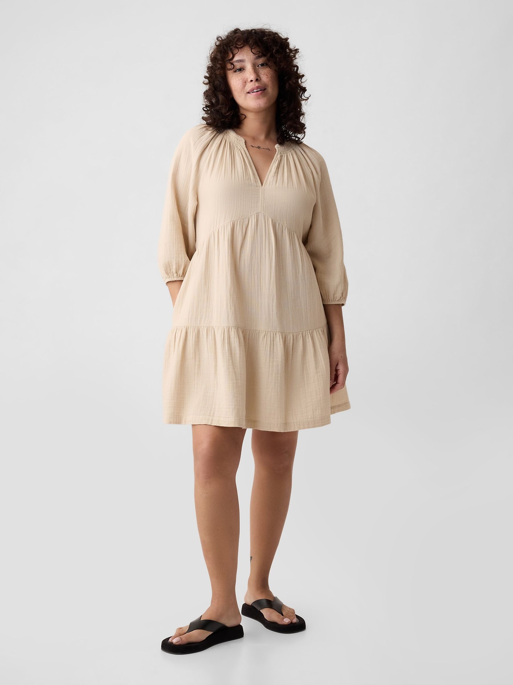 Beige Crinkle Cotton 3/4 Sleeve Tiered Mini Dress - Image 2 of 4