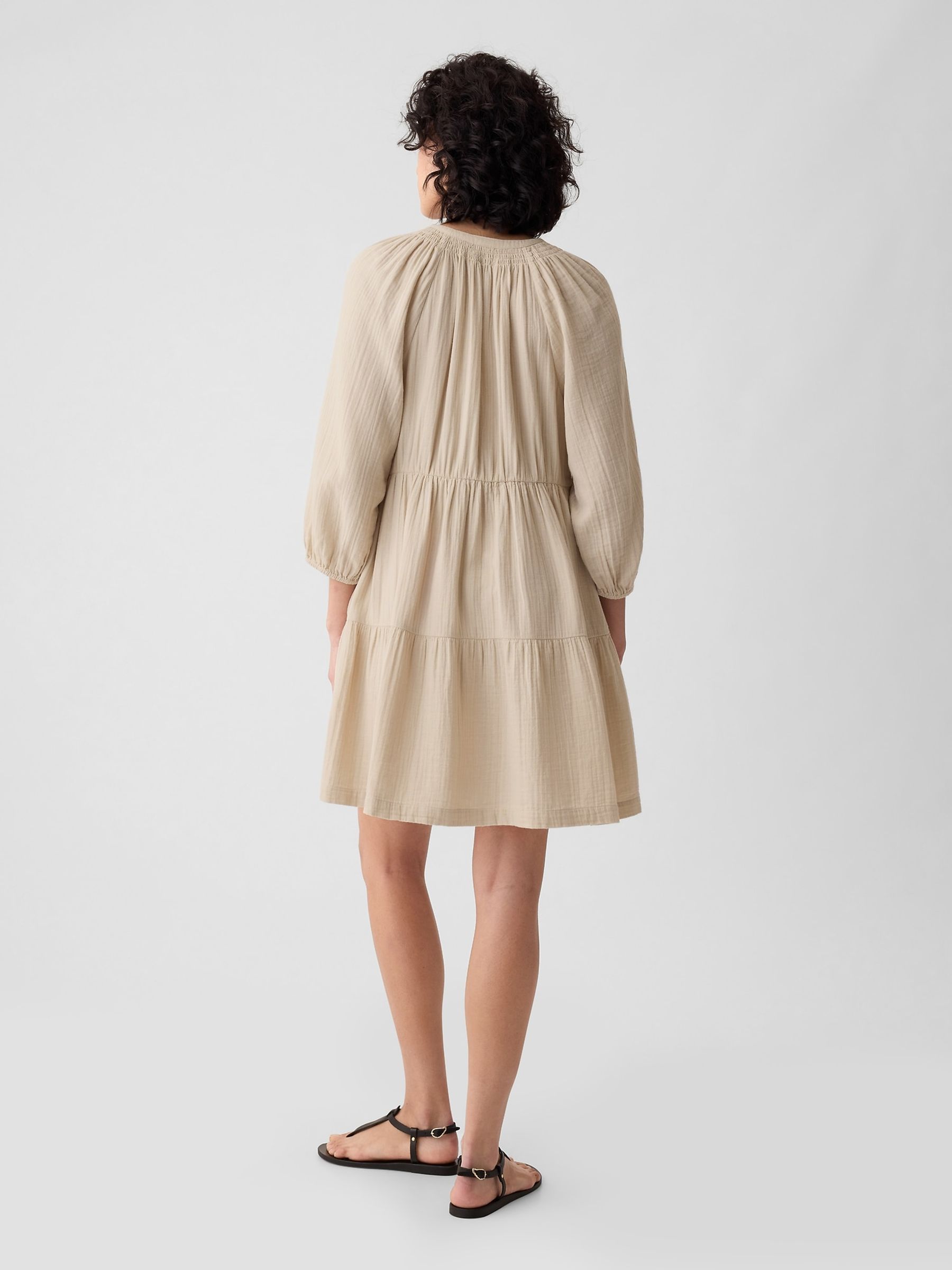 Beige Crinkle Cotton 3/4 Sleeve Tiered Mini Dress - Image 3 of 4
