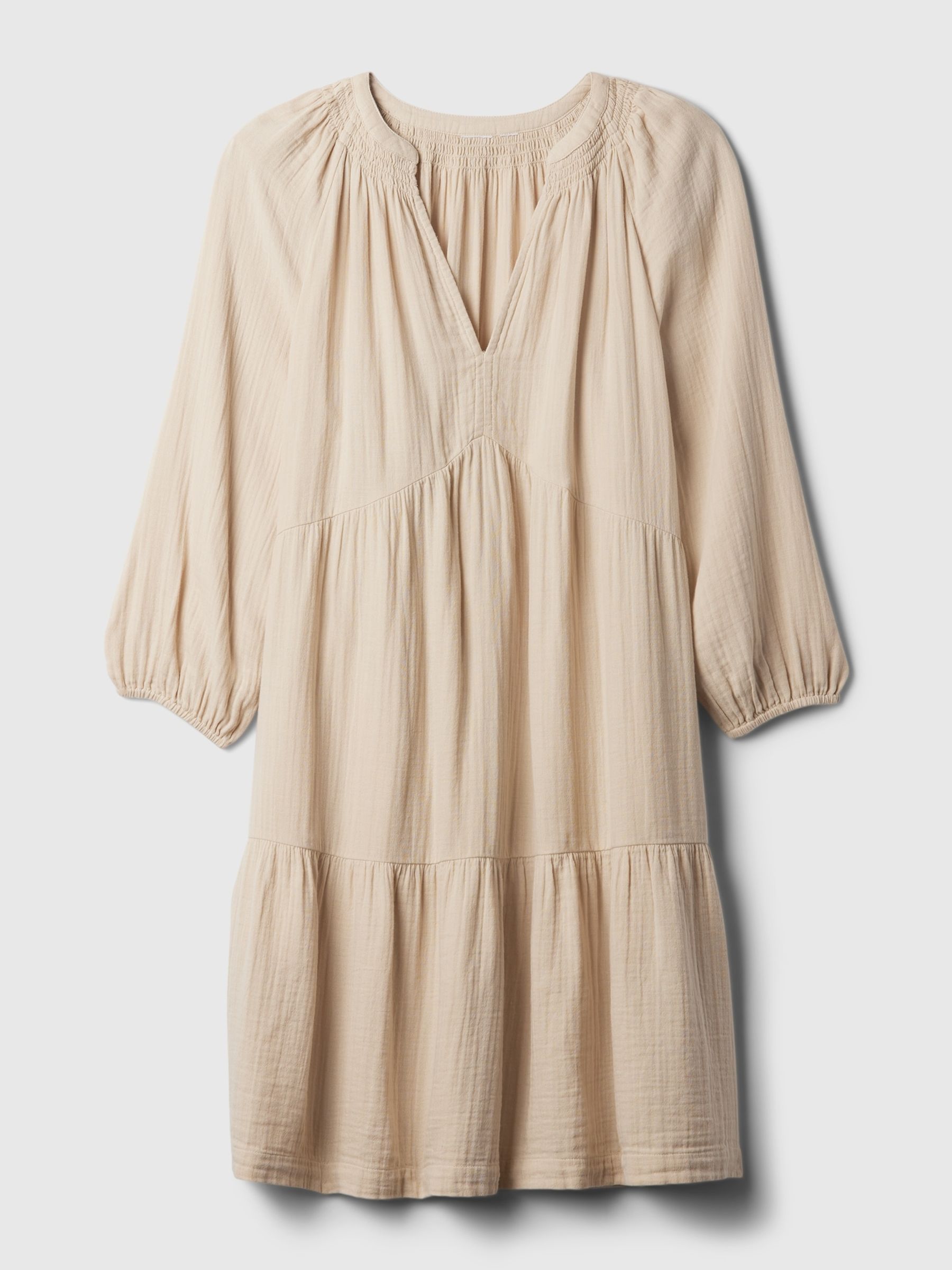 Beige Crinkle Cotton 3/4 Sleeve Tiered Mini Dress - Image 4 of 4