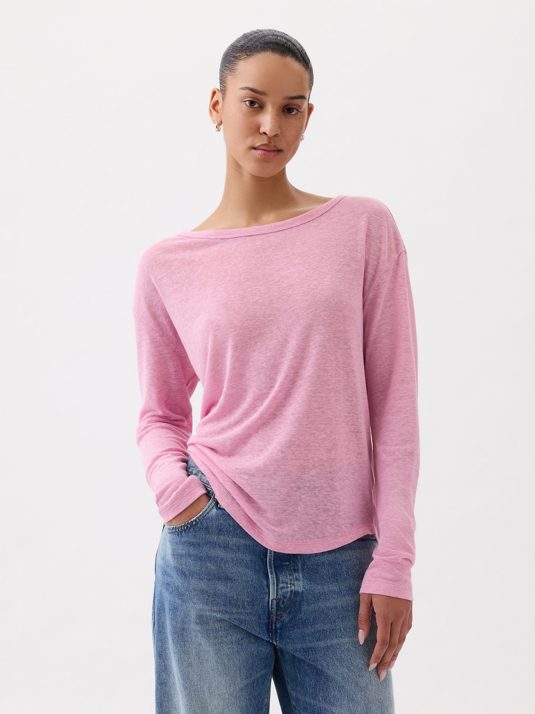 Pink Linen Blend Long Sleeve Boatneck T-Shirt - Image 1 of 4