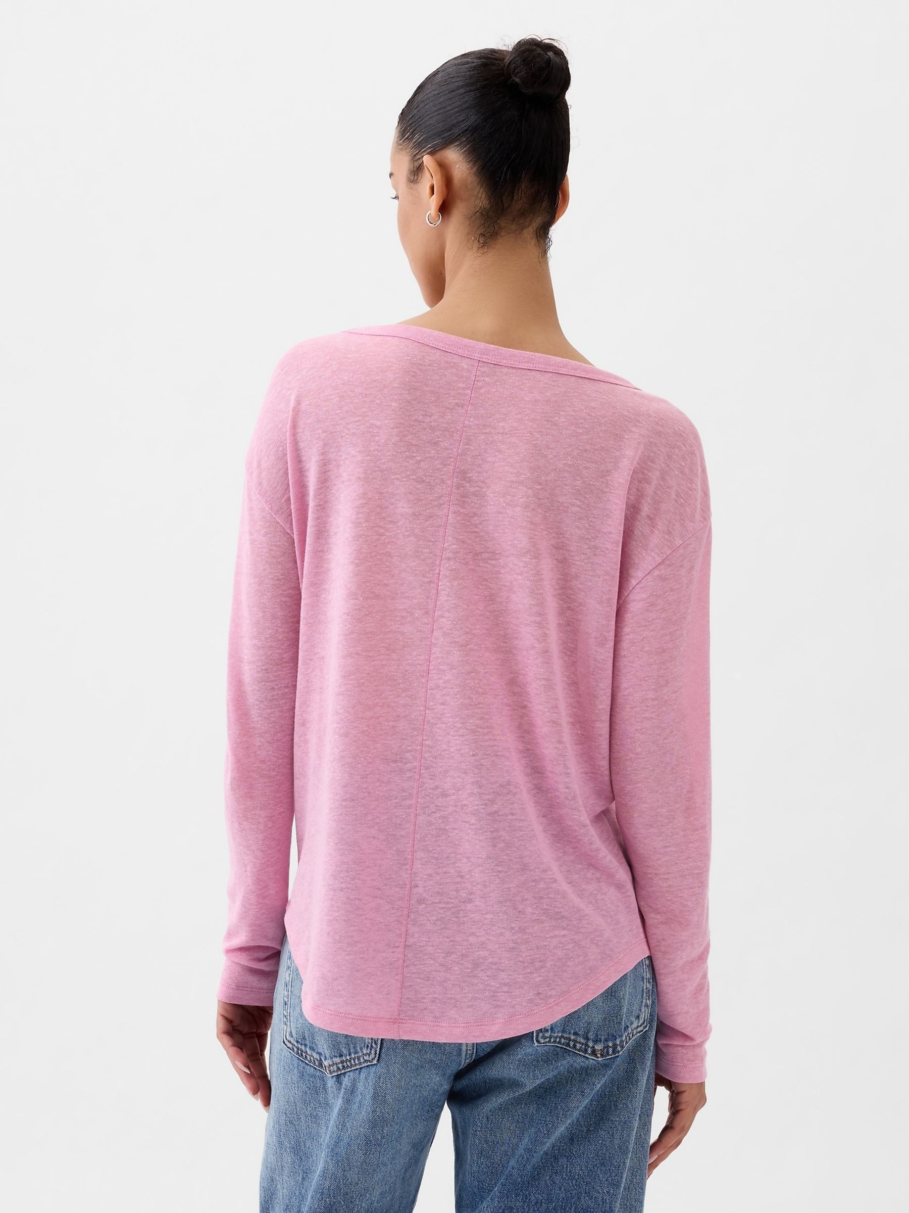 Pink Linen Blend Long Sleeve Boatneck T-Shirt - Image 2 of 4