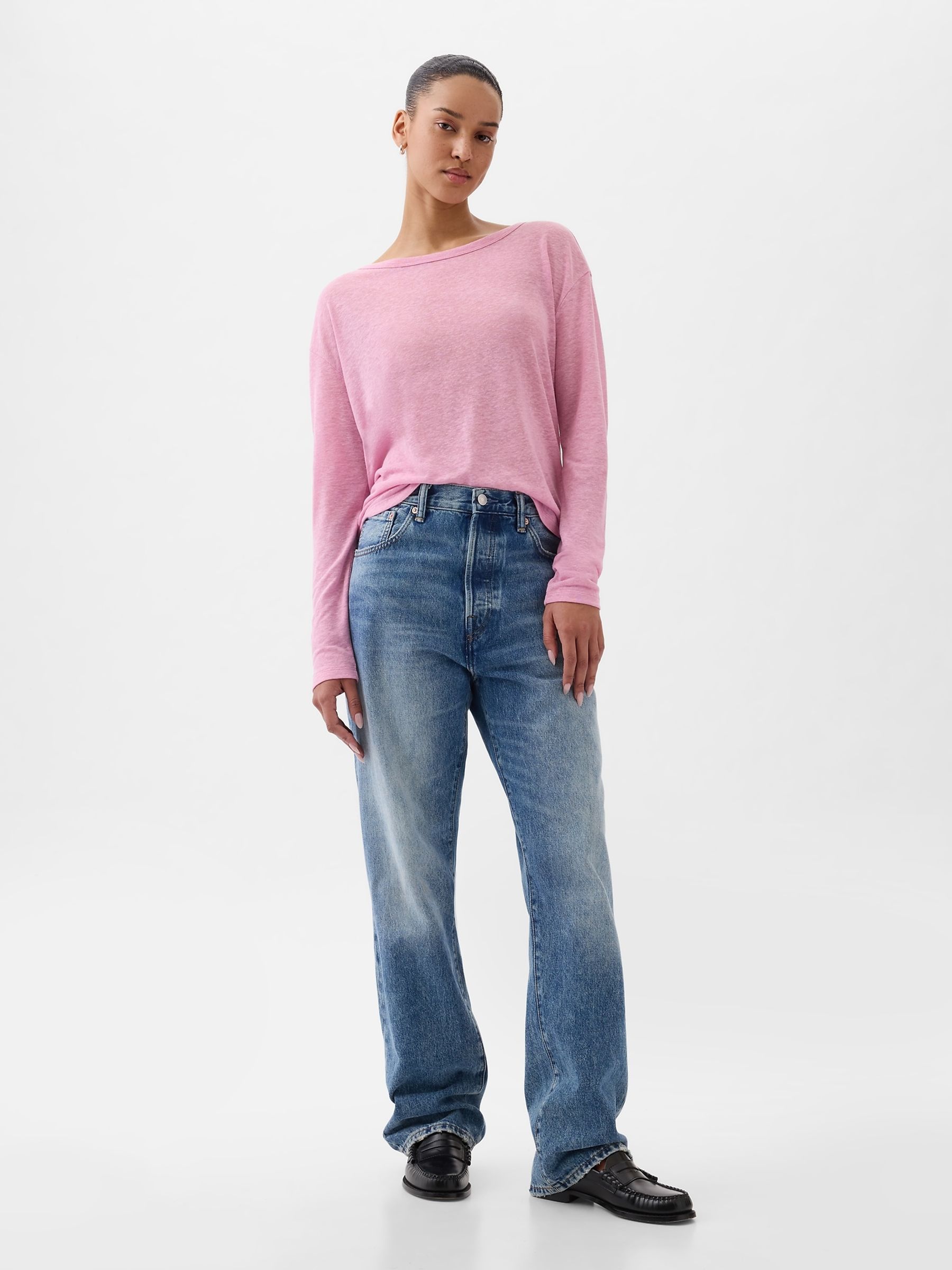 Pink Linen Blend Long Sleeve Boatneck T-Shirt - Image 3 of 4