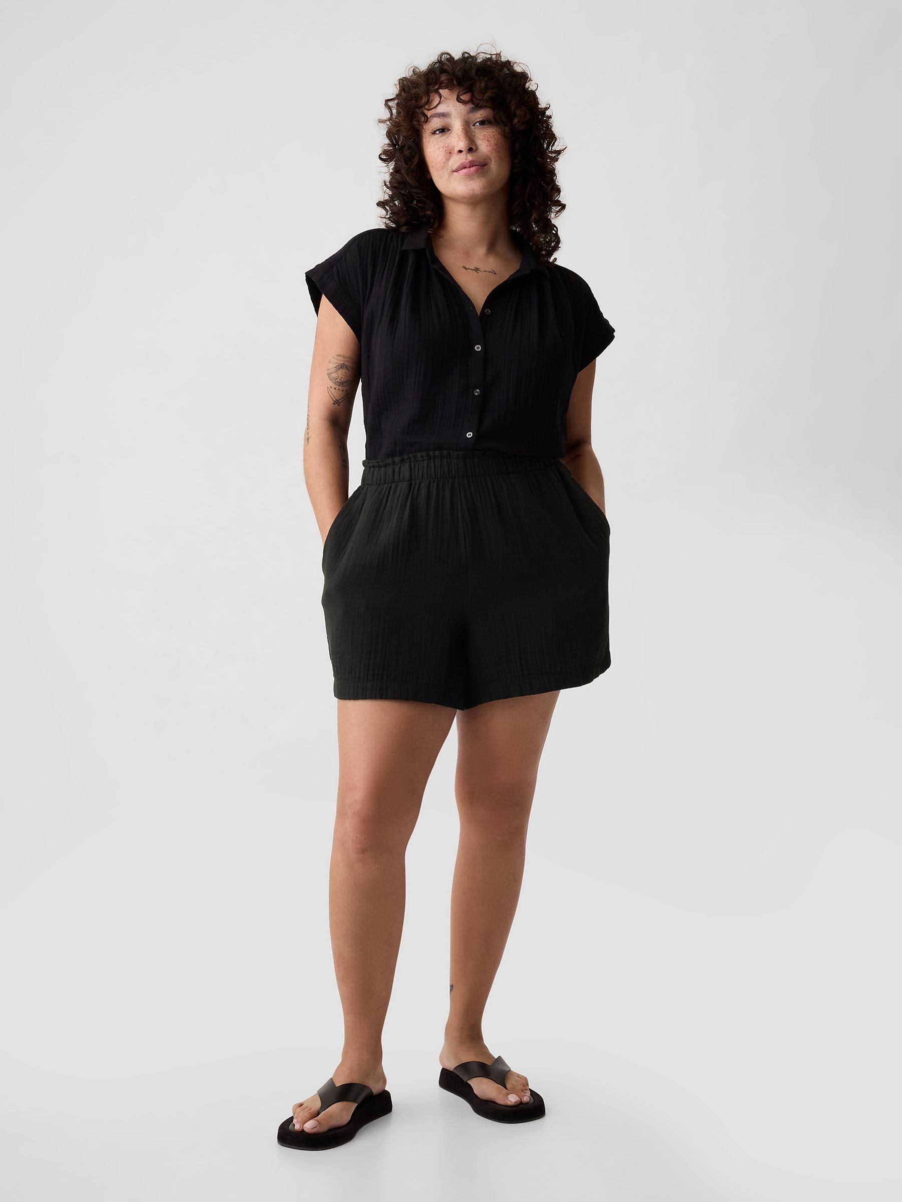 Black Crinkle Cotton Pull On Short - Image 1 of 5