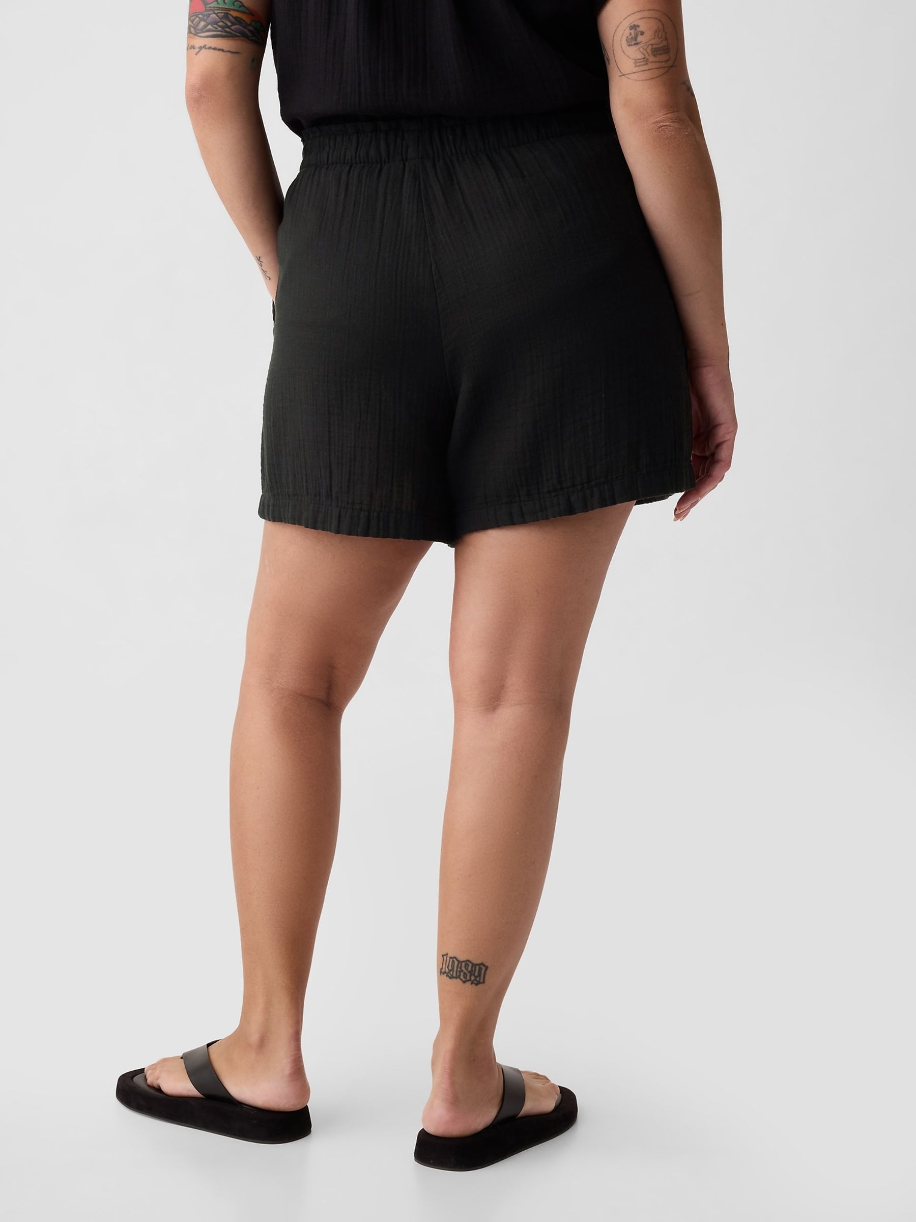 Black Crinkle Cotton Pull On Short - Image 2 of 5