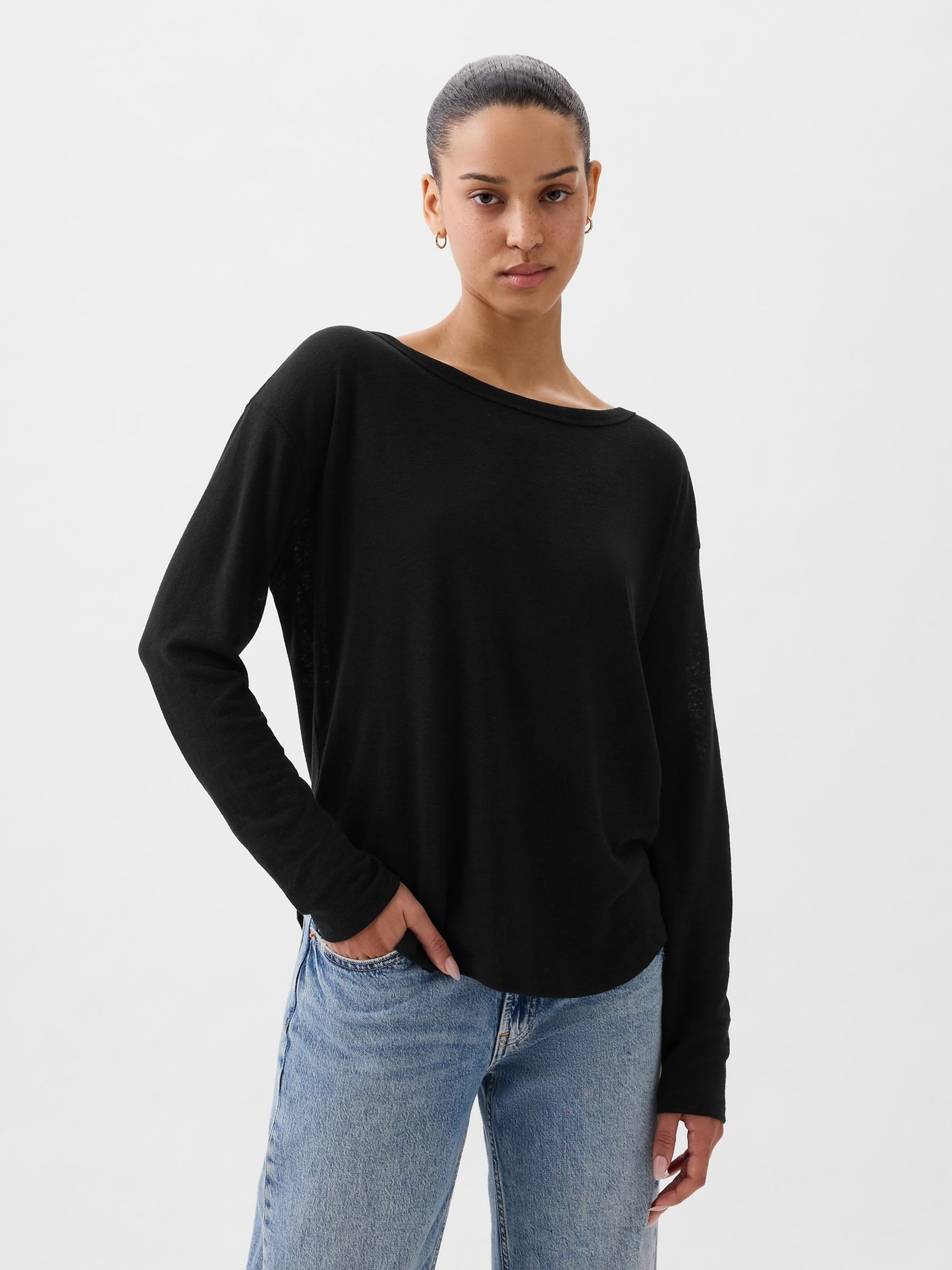 Black Linen Blend Long Sleeve Boatneck T-Shirt - Image 1 of 4