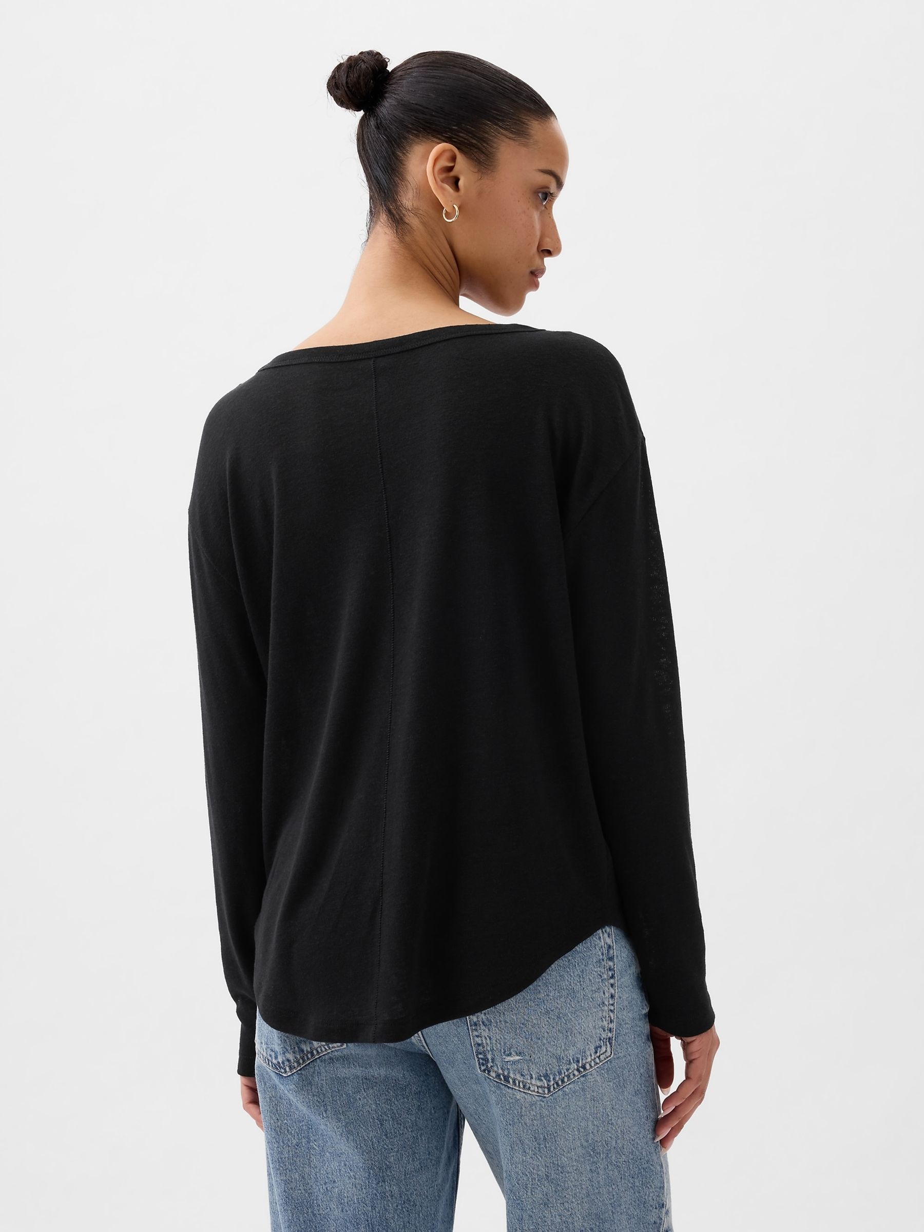 Black Linen Blend Long Sleeve Boatneck T-Shirt - Image 2 of 4