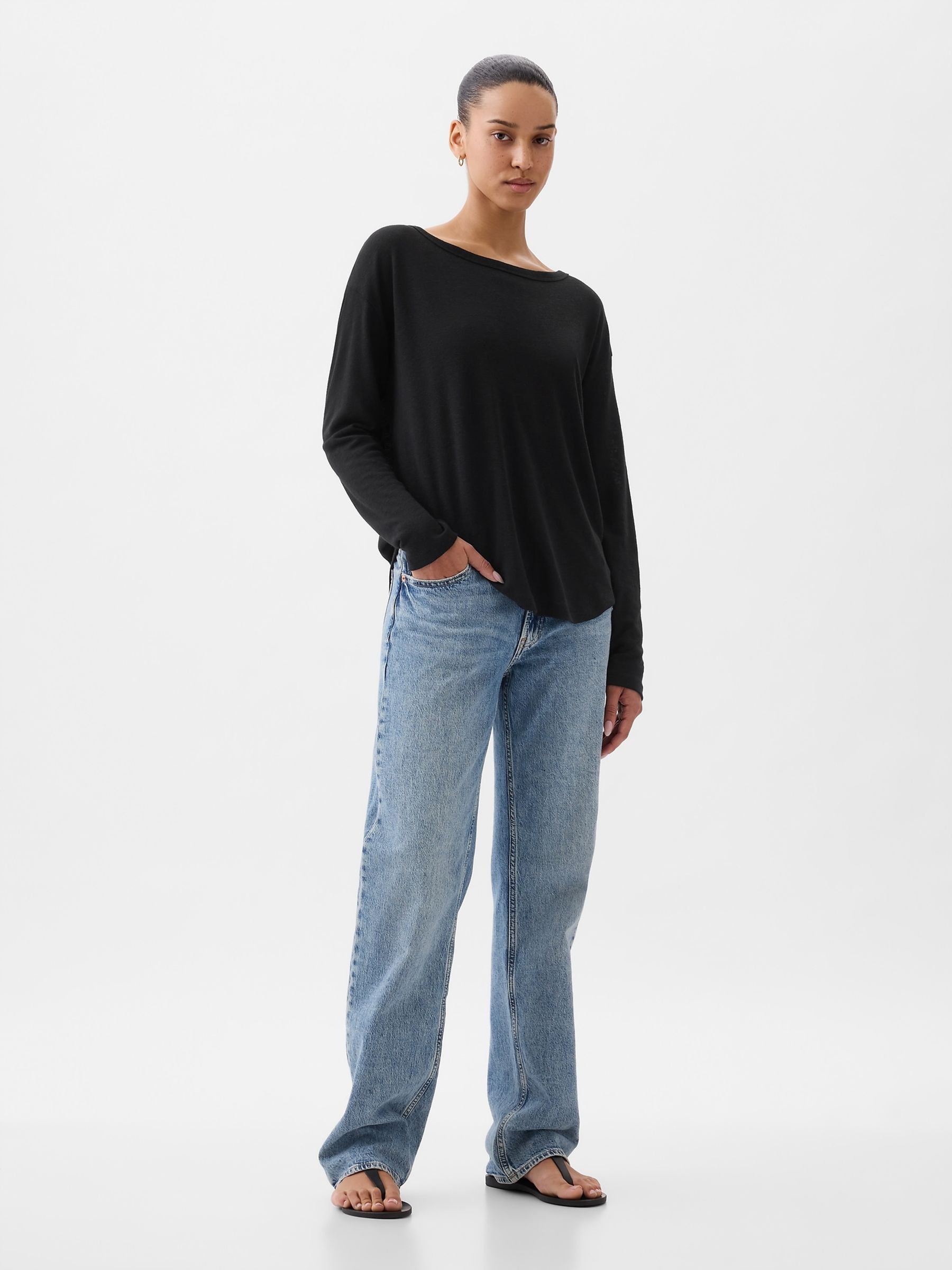 Black Linen Blend Long Sleeve Boatneck T-Shirt - Image 3 of 4