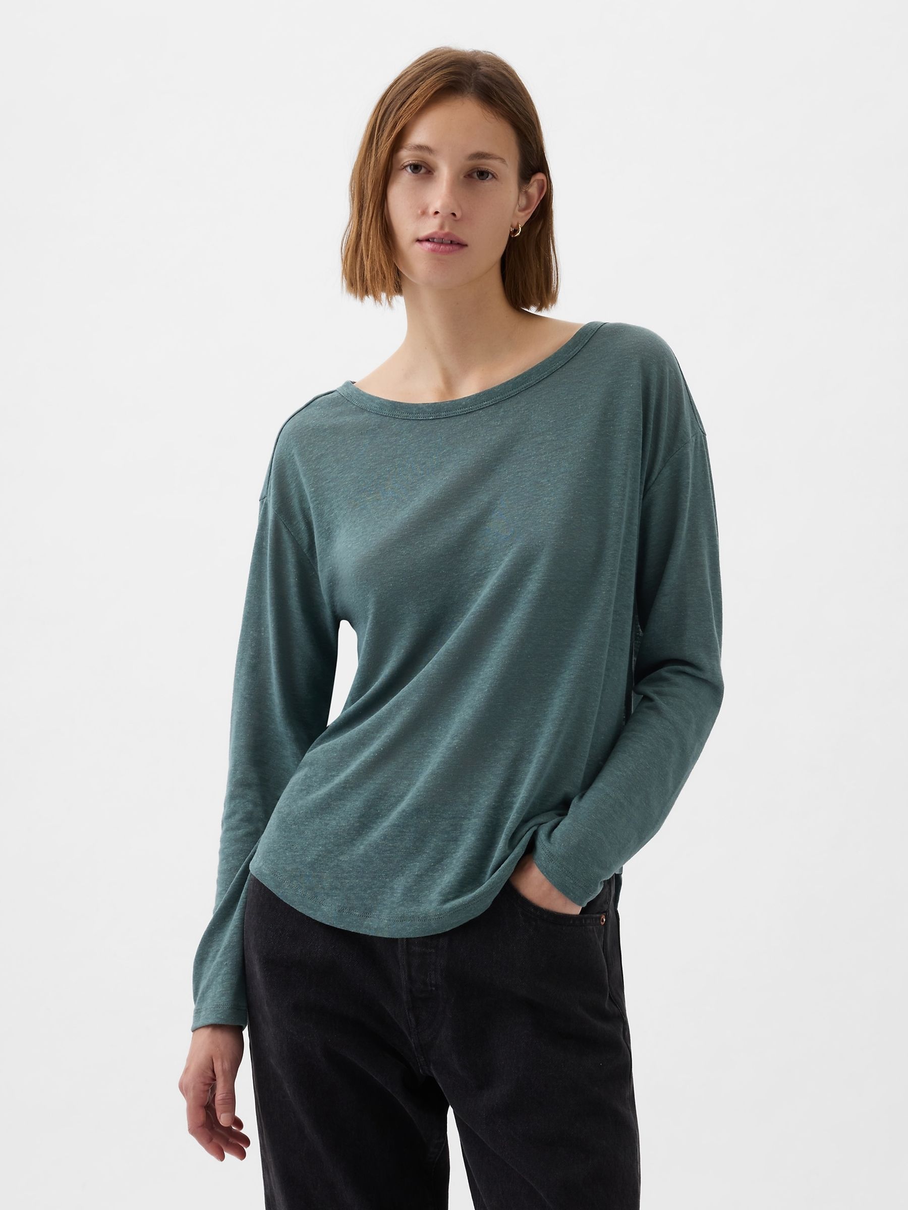 Green Linen Blend Long Sleeve Boatneck T-Shirt - Image 1 of 5