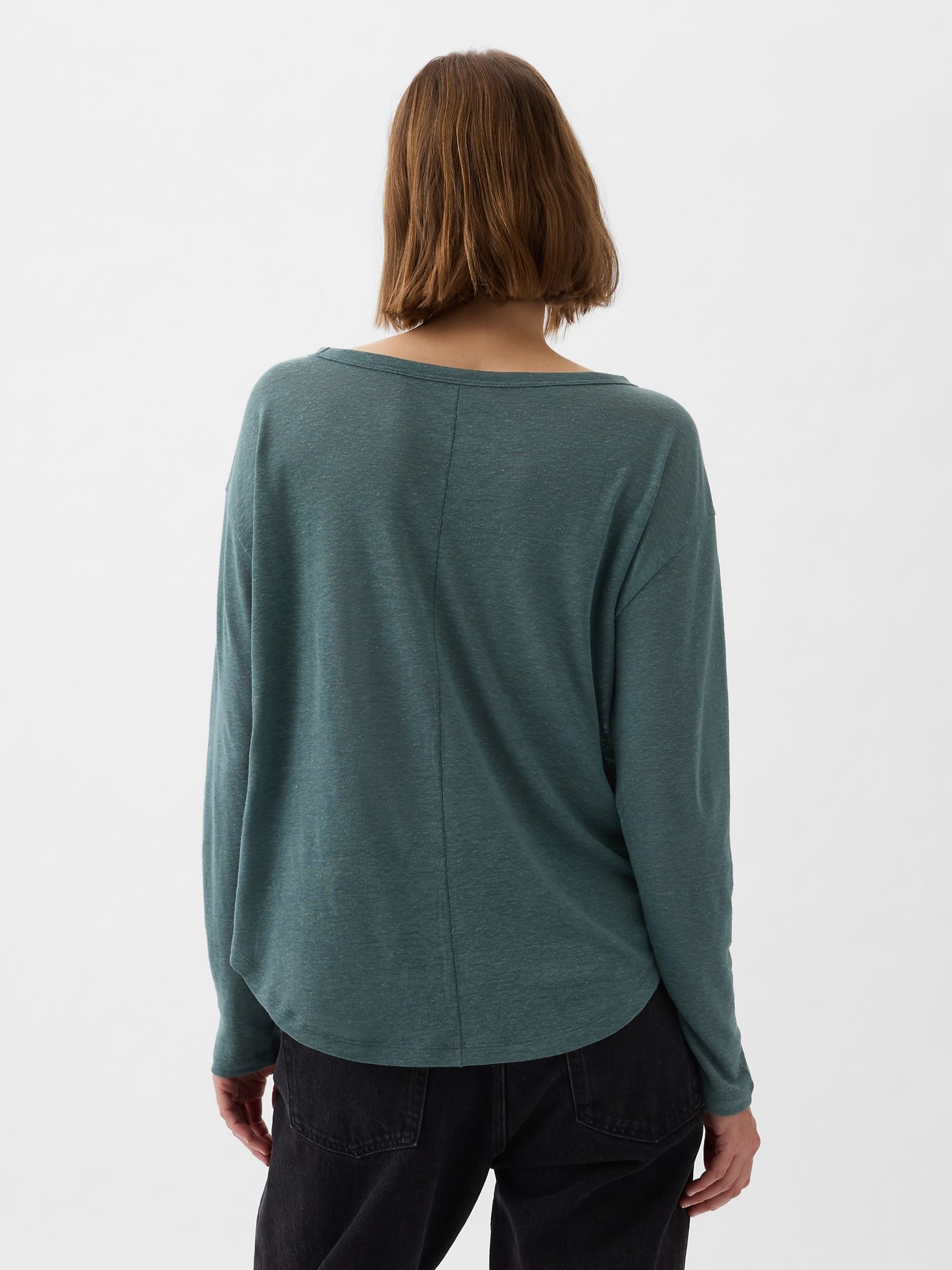 Green Linen Blend Long Sleeve Boatneck T-Shirt - Image 2 of 5