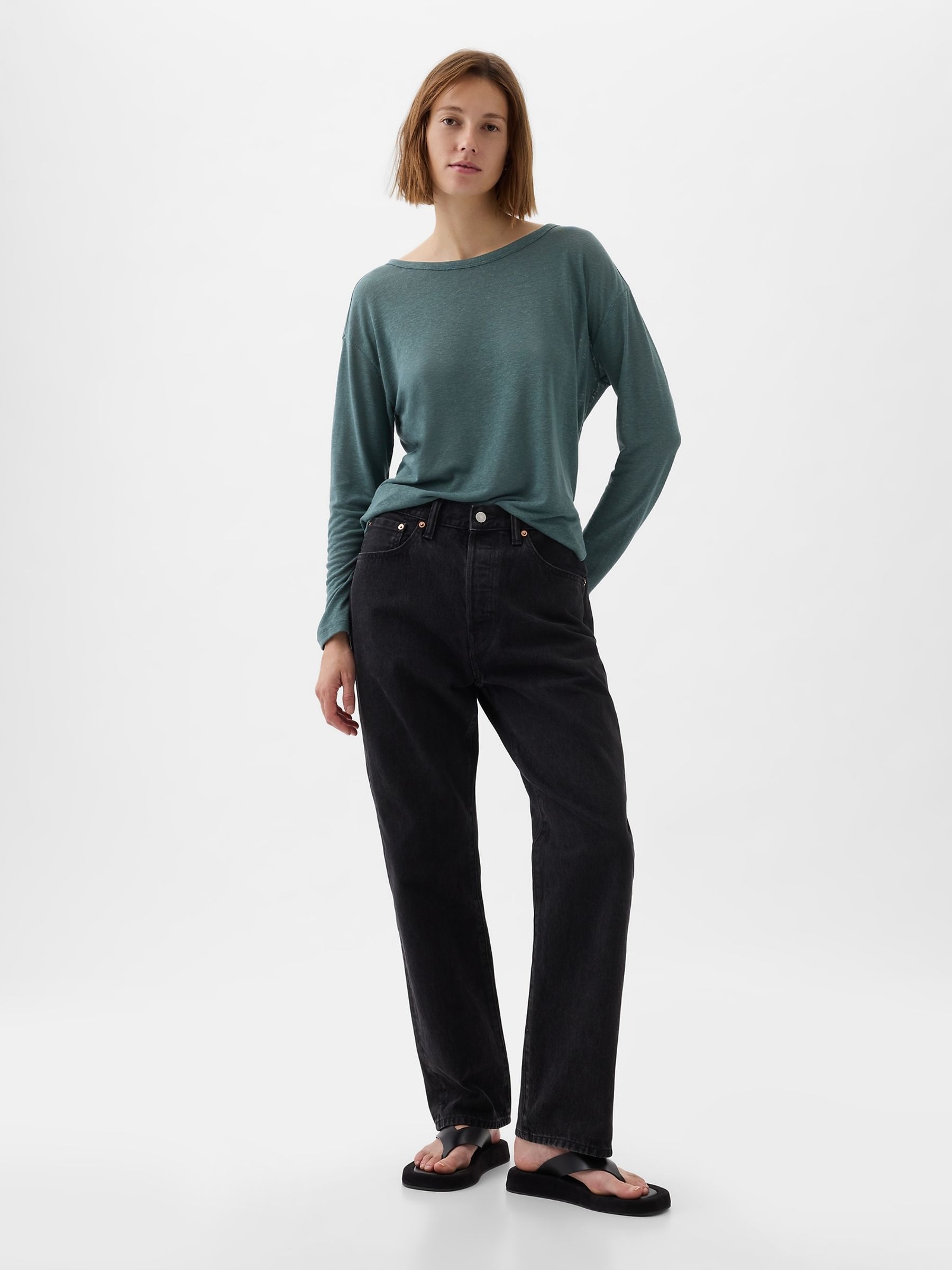 Green Linen Blend Long Sleeve Boatneck T-Shirt - Image 3 of 5