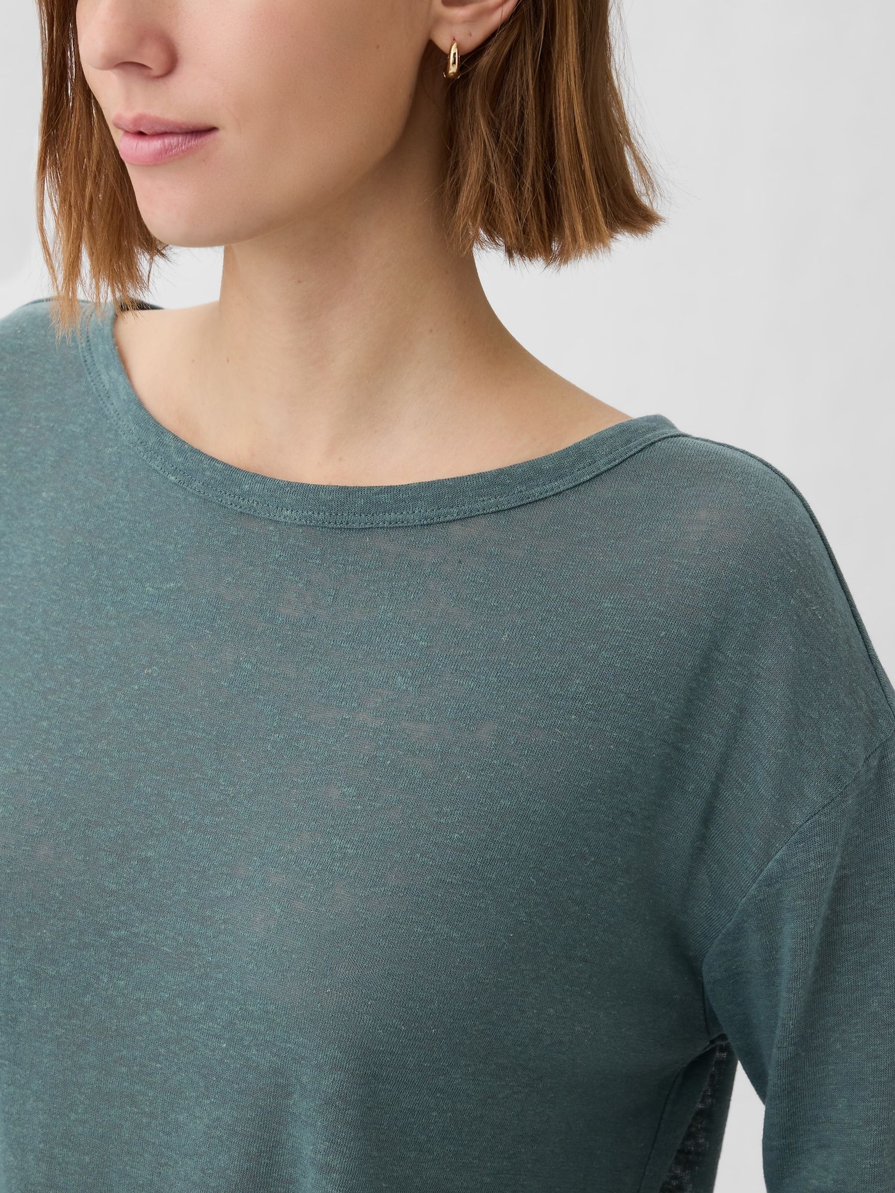 Green Linen Blend Long Sleeve Boatneck T-Shirt - Image 4 of 5