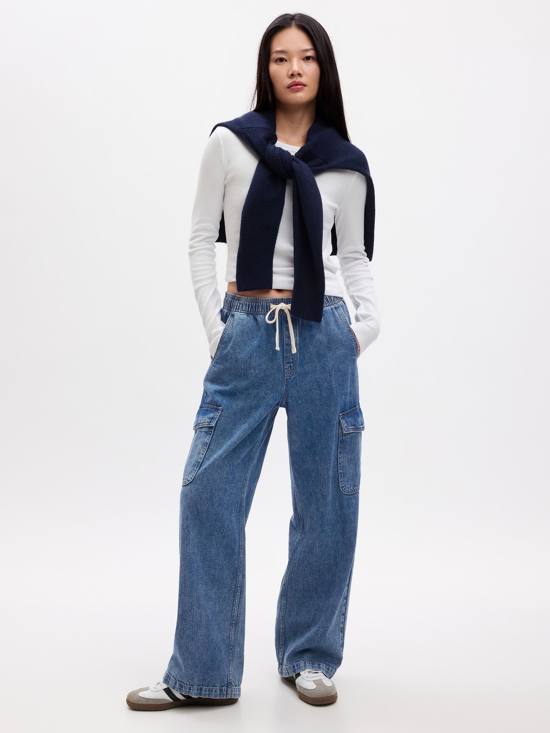Mid Blue Cargo High Waisted Pull On Jeans - Image 3 of 5
