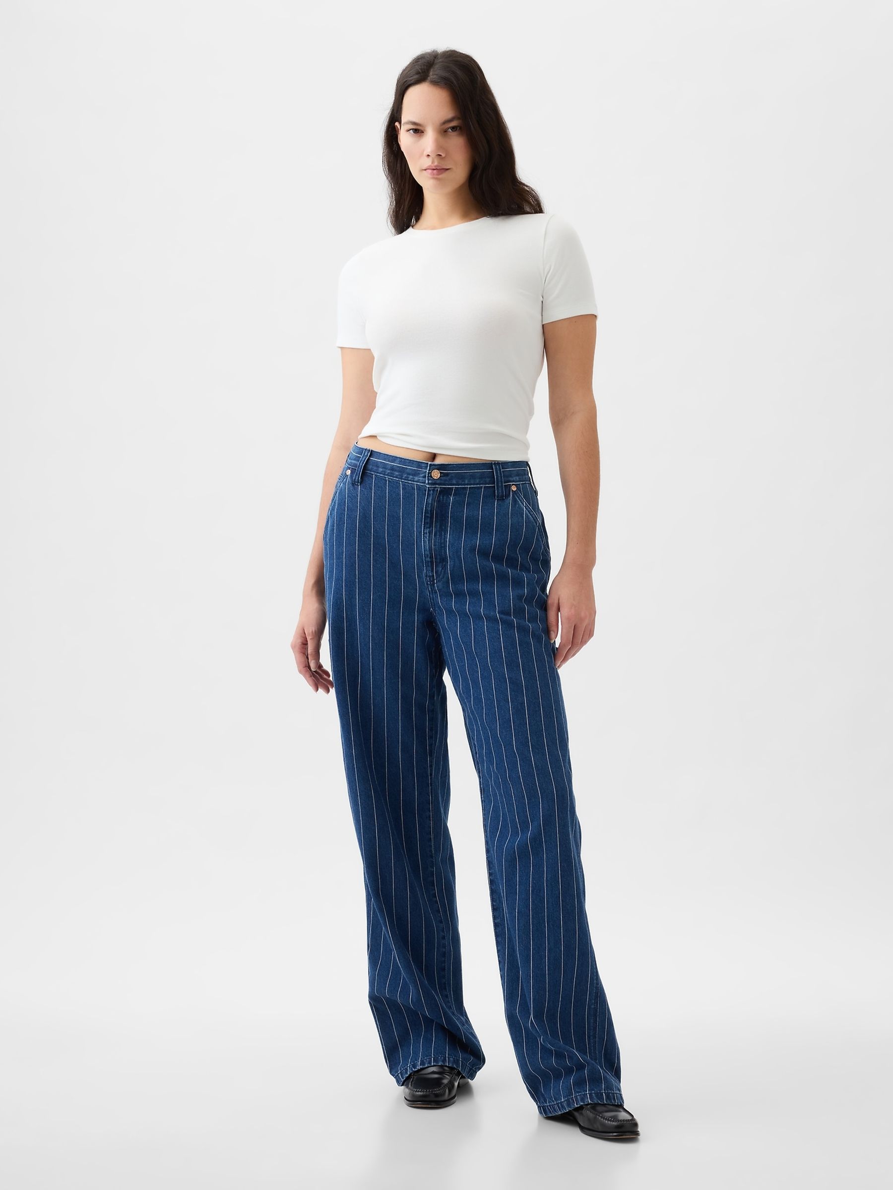 Blue Indigo 90s Loose Mid Rise Pinstripe Carpenter Jeans - Image 1 of 6