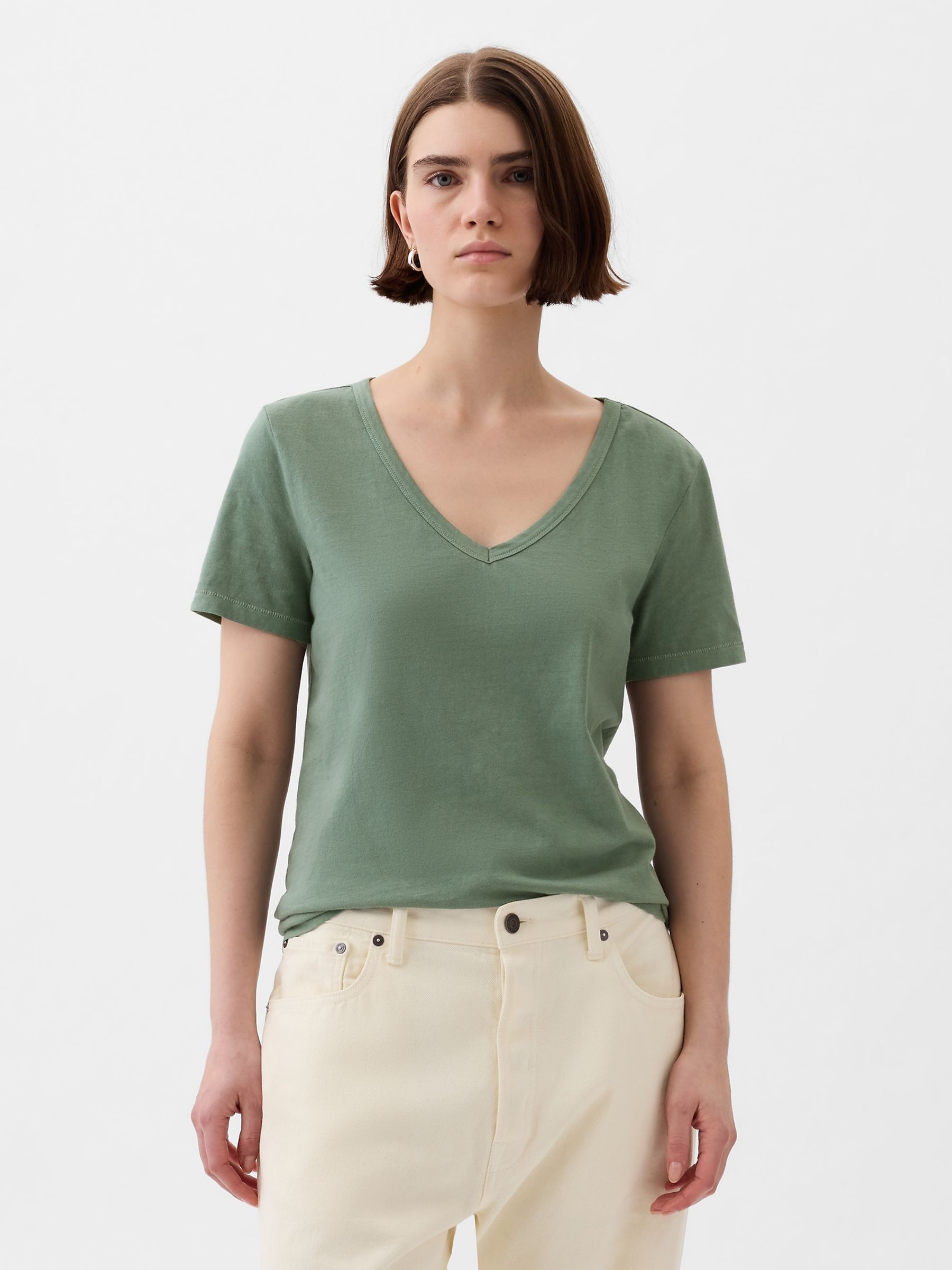 Green Organic Cotton Vintage V Neck Short Sleeve T-Shirt - Image 1 of 5