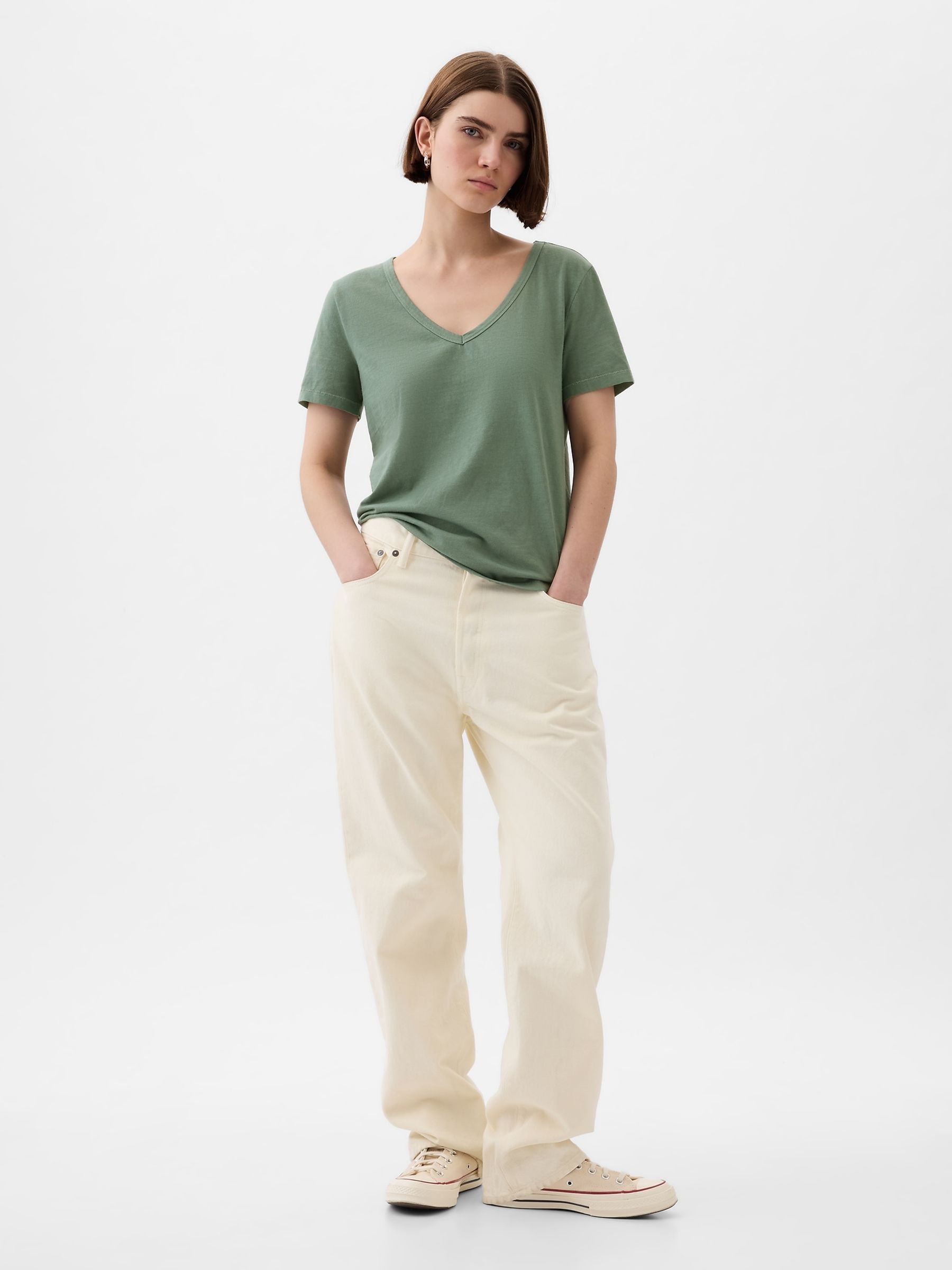 Green Organic Cotton Vintage V Neck Short Sleeve T-Shirt - Image 3 of 5