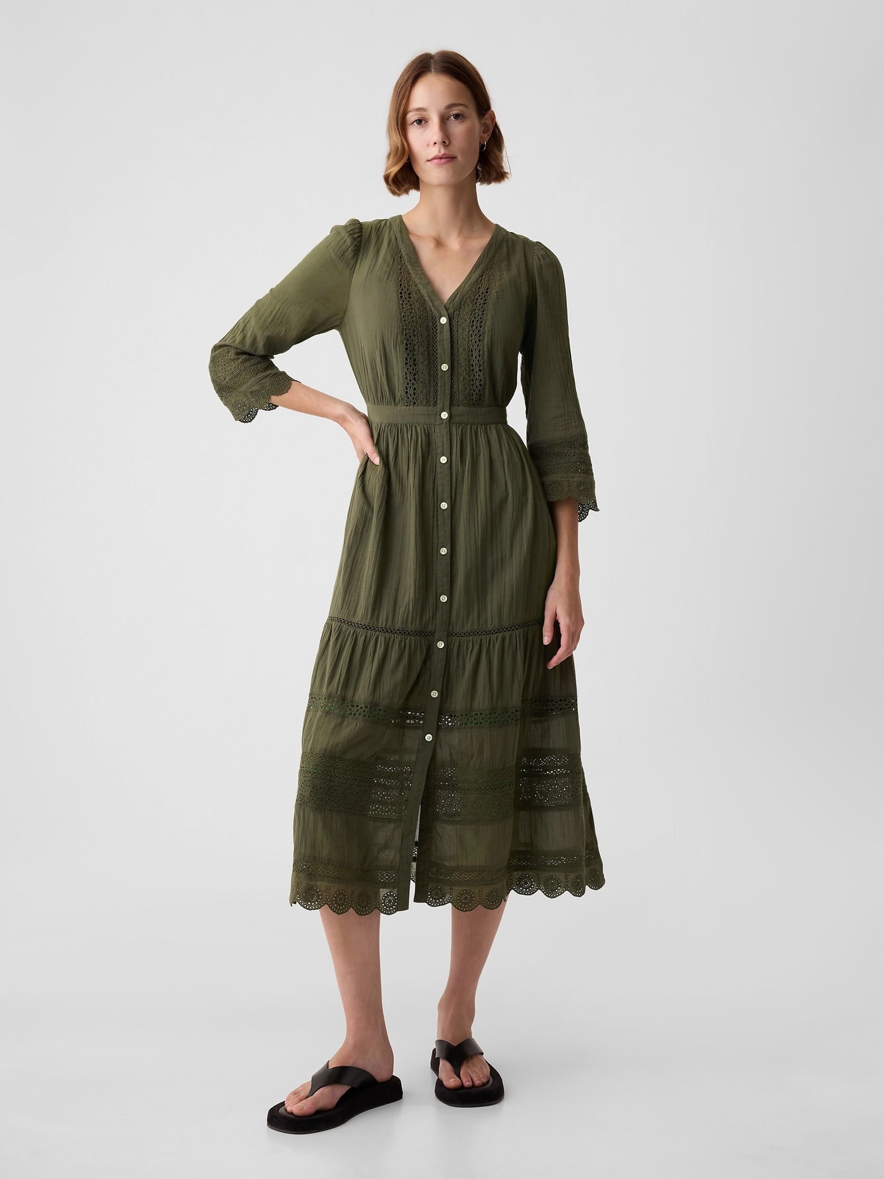 Green Crinkle Cotton Lace 3/4 Sleeve Midi Dress | Gap