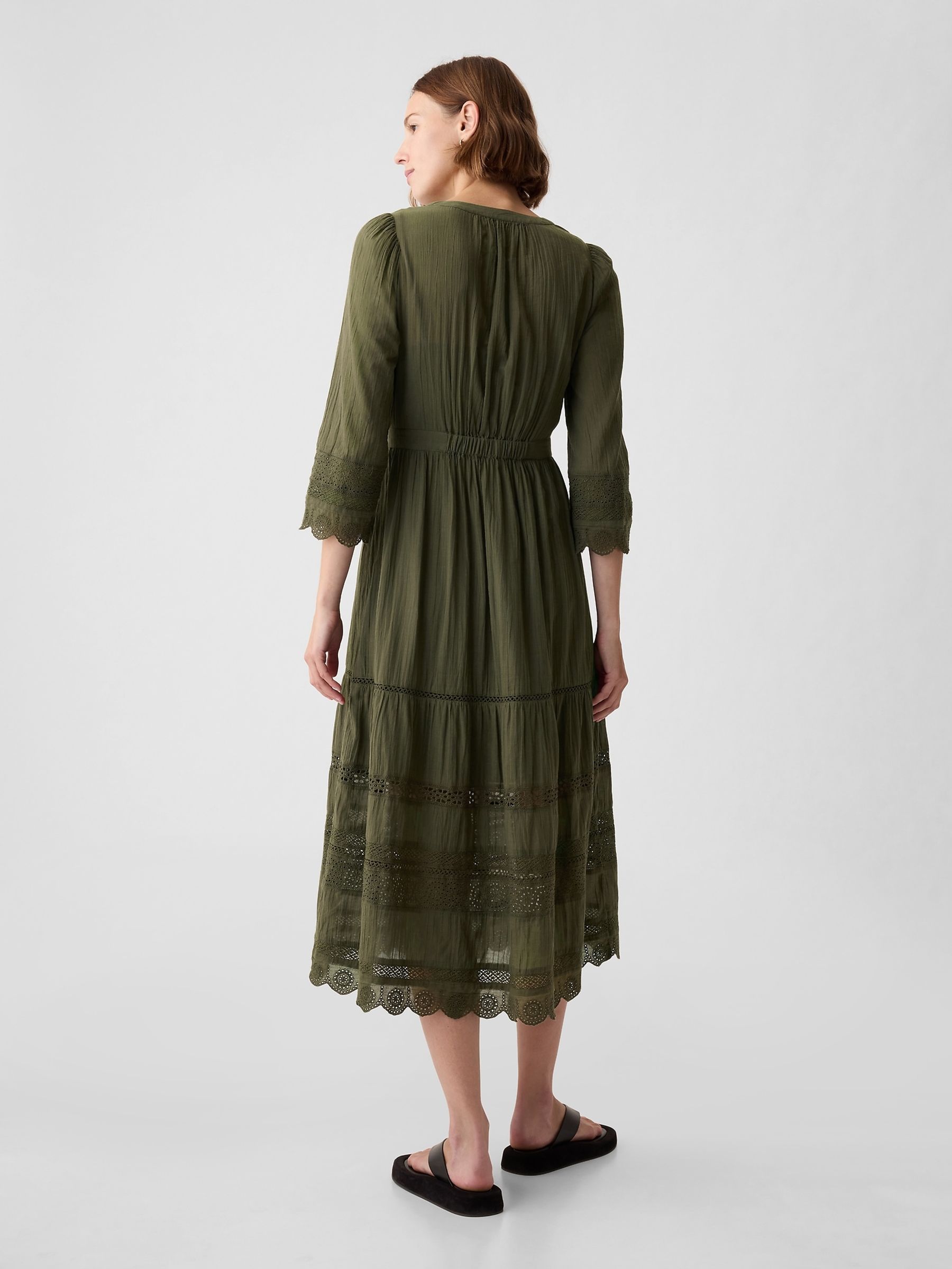 Green Crinkle Cotton Lace 3/4 Sleeve Midi Dress - Image 2 of 5