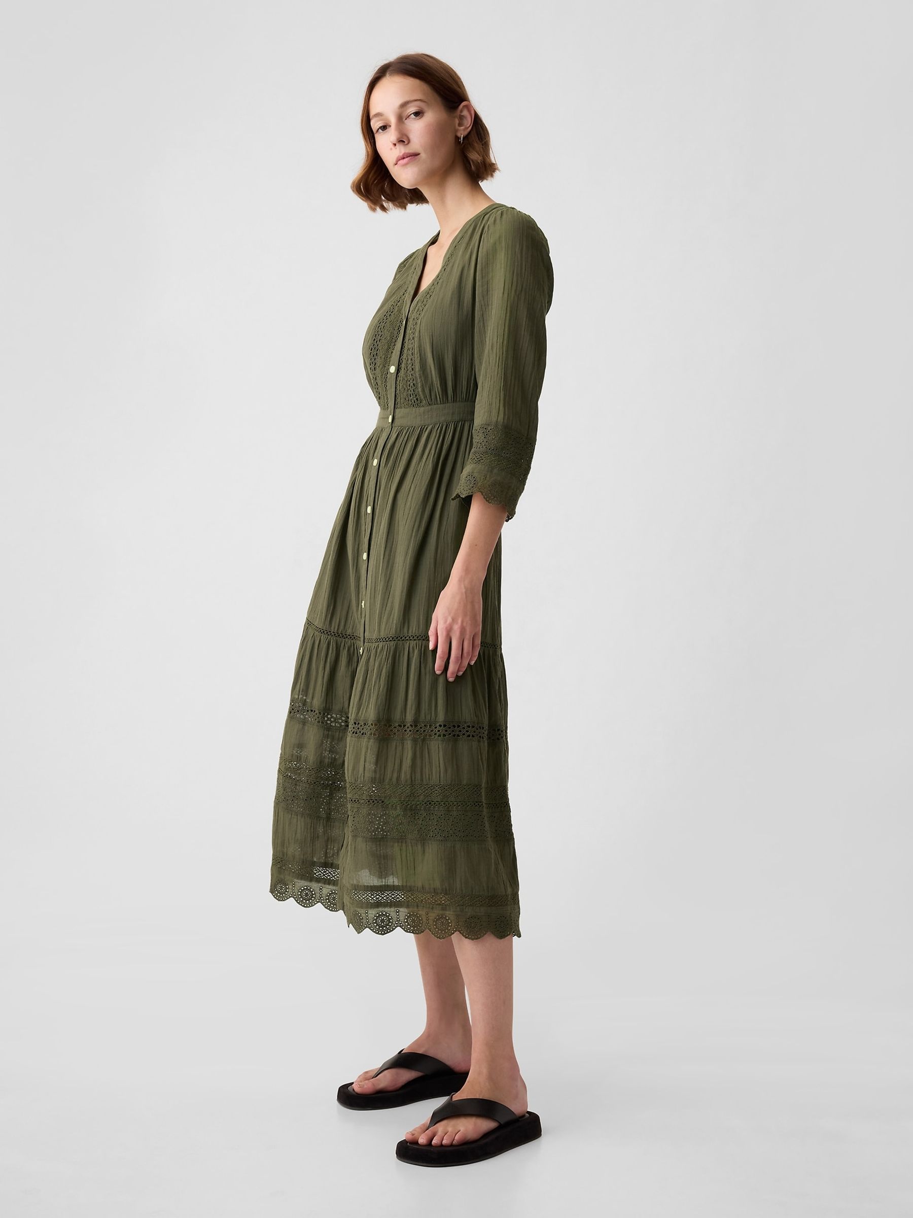 Green Crinkle Cotton Lace 3/4 Sleeve Midi Dress - Image 3 of 5