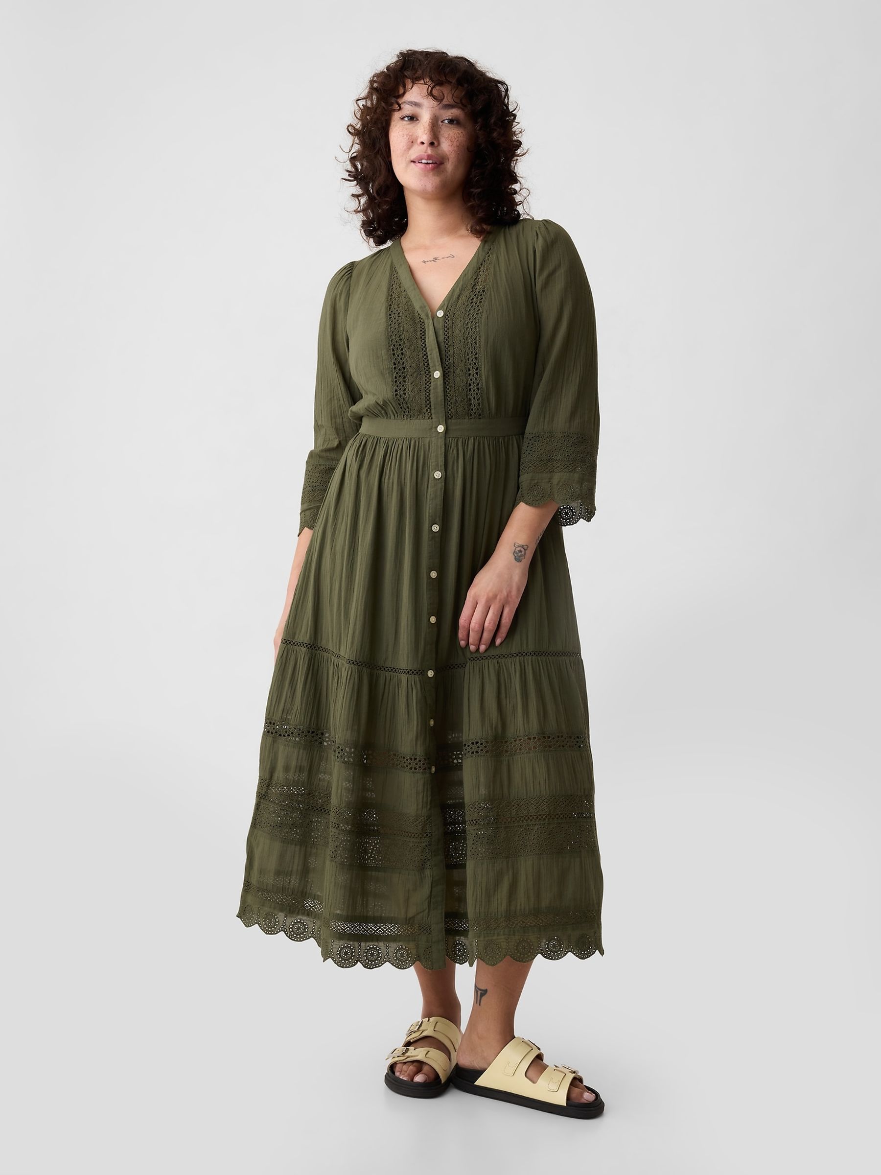 Green Crinkle Cotton Lace 3/4 Sleeve Midi Dress - Image 4 of 5