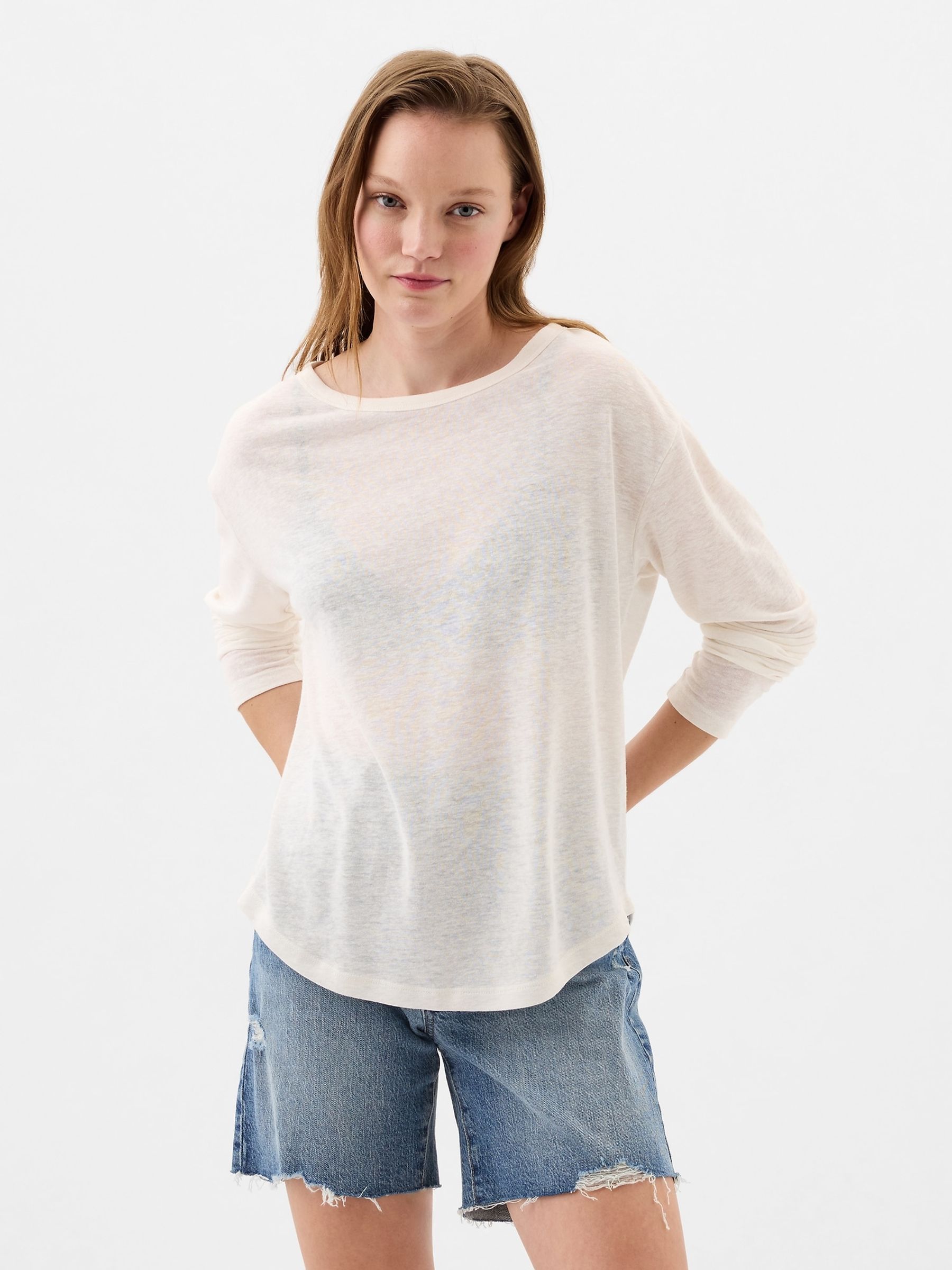 Cream Linen Blend Long Sleeve Boatneck T-Shirt - Image 1 of 1