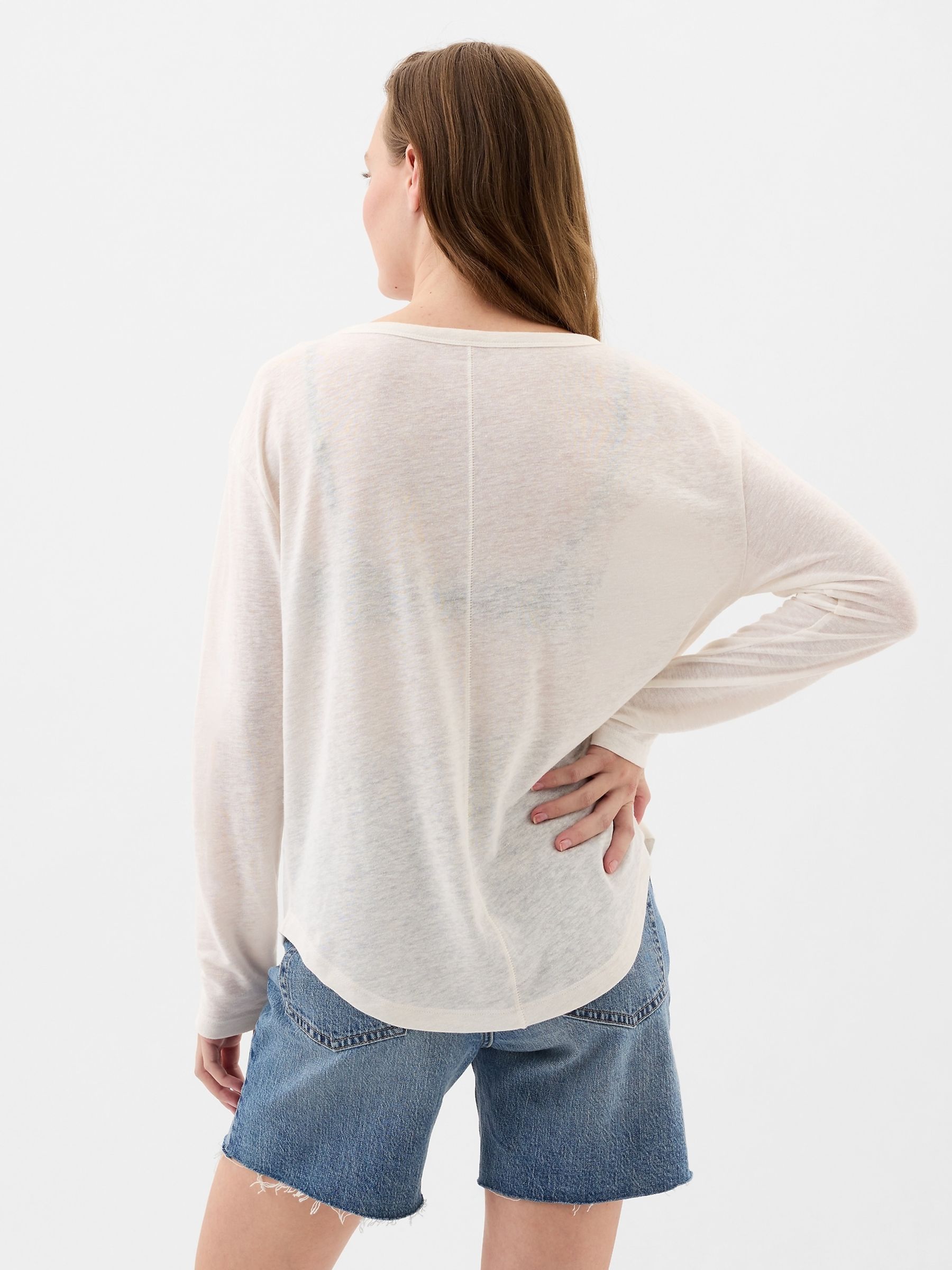 Cream Linen Blend Long Sleeve Boatneck T-Shirt - Image 2 of 4