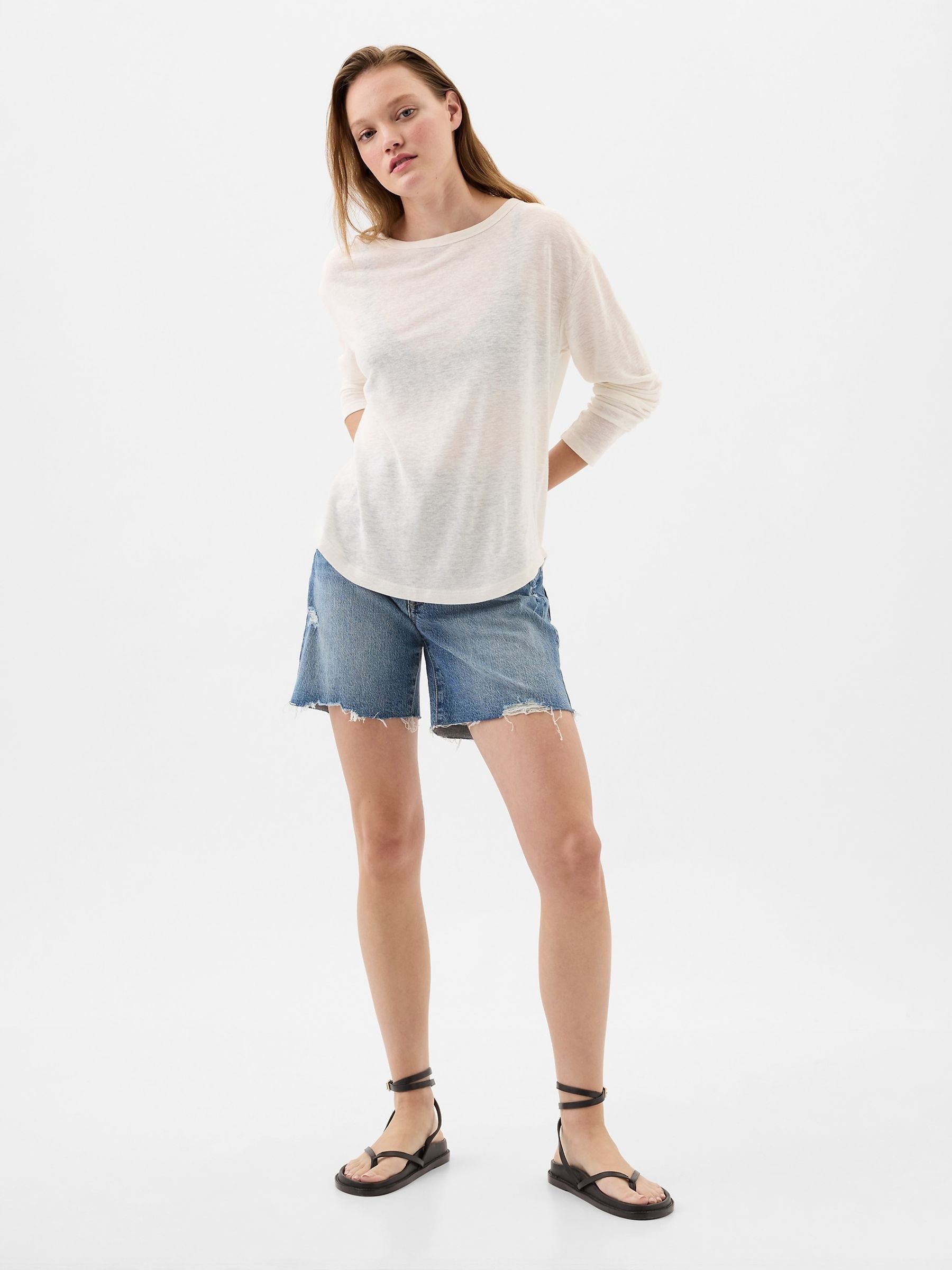 Cream Linen Blend Long Sleeve Boatneck T-Shirt - Image 3 of 4
