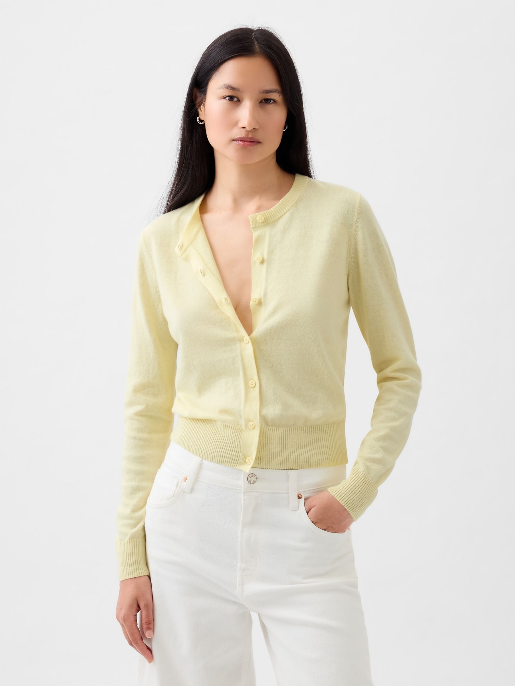 Yellow Lightweight CashSoft Crew Neck Cardigan - Image 1 of 5