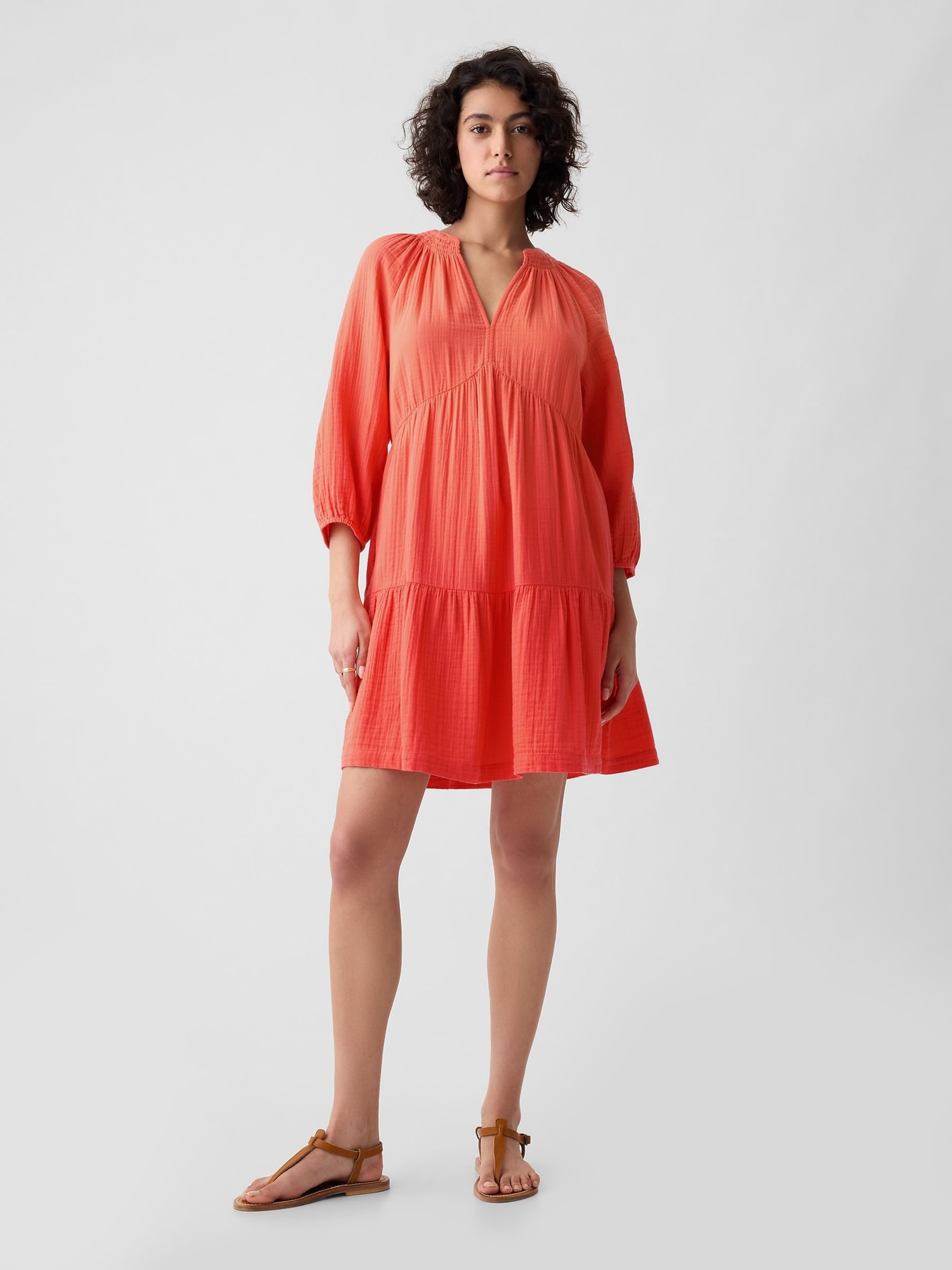 Orange Crinkle Cotton 3/4 Sleeve Tiered Mini Dress - Image 1 of 6