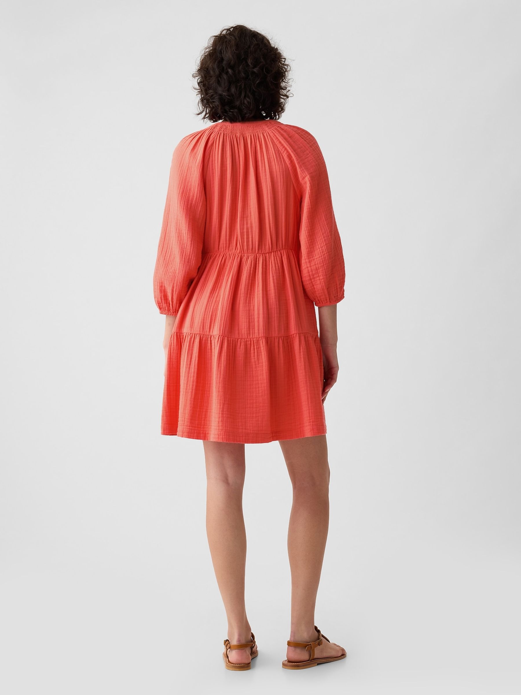 Orange Crinkle Cotton 3/4 Sleeve Tiered Mini Dress - Image 2 of 6