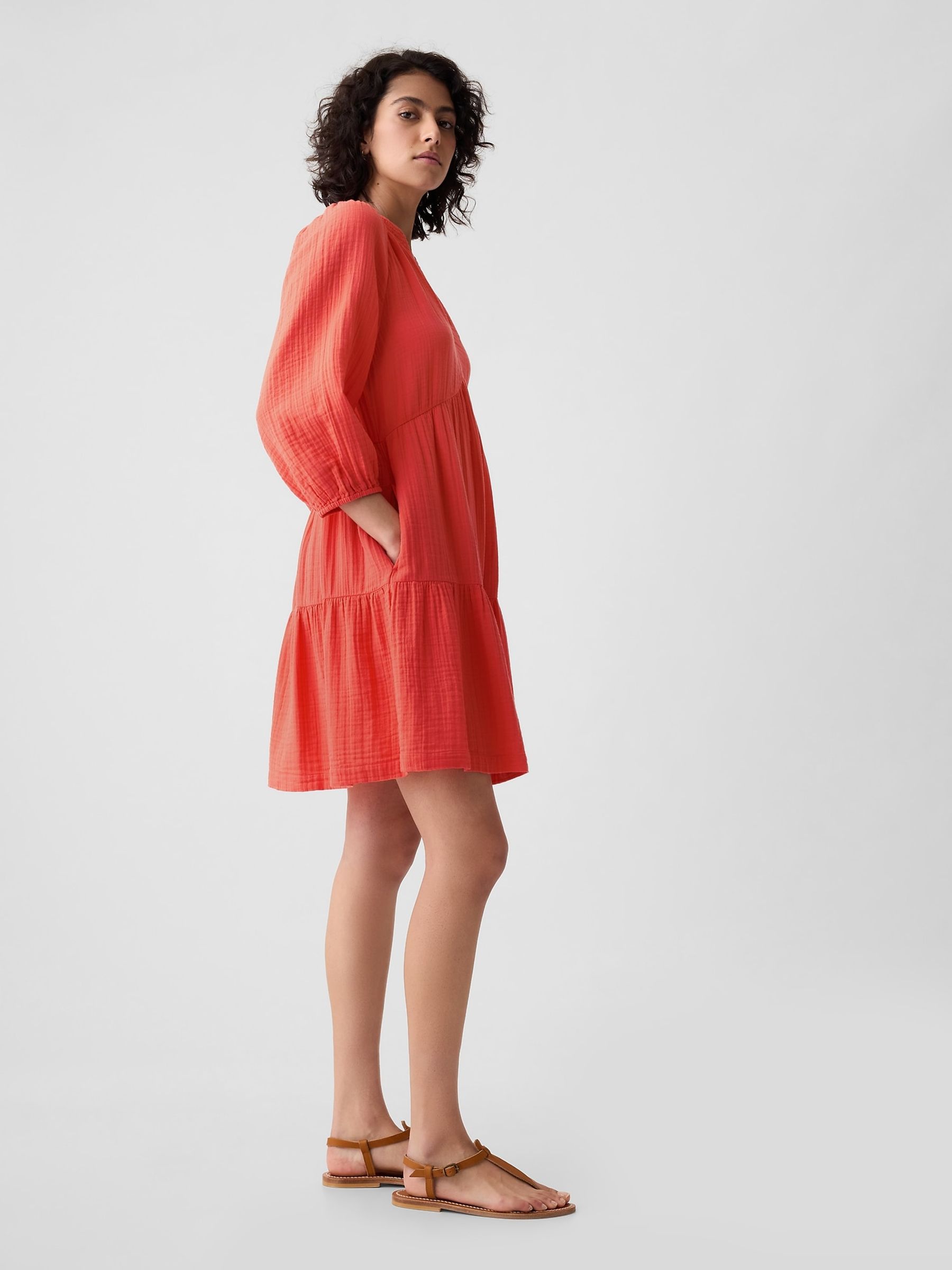 Orange Crinkle Cotton 3/4 Sleeve Tiered Mini Dress - Image 4 of 6