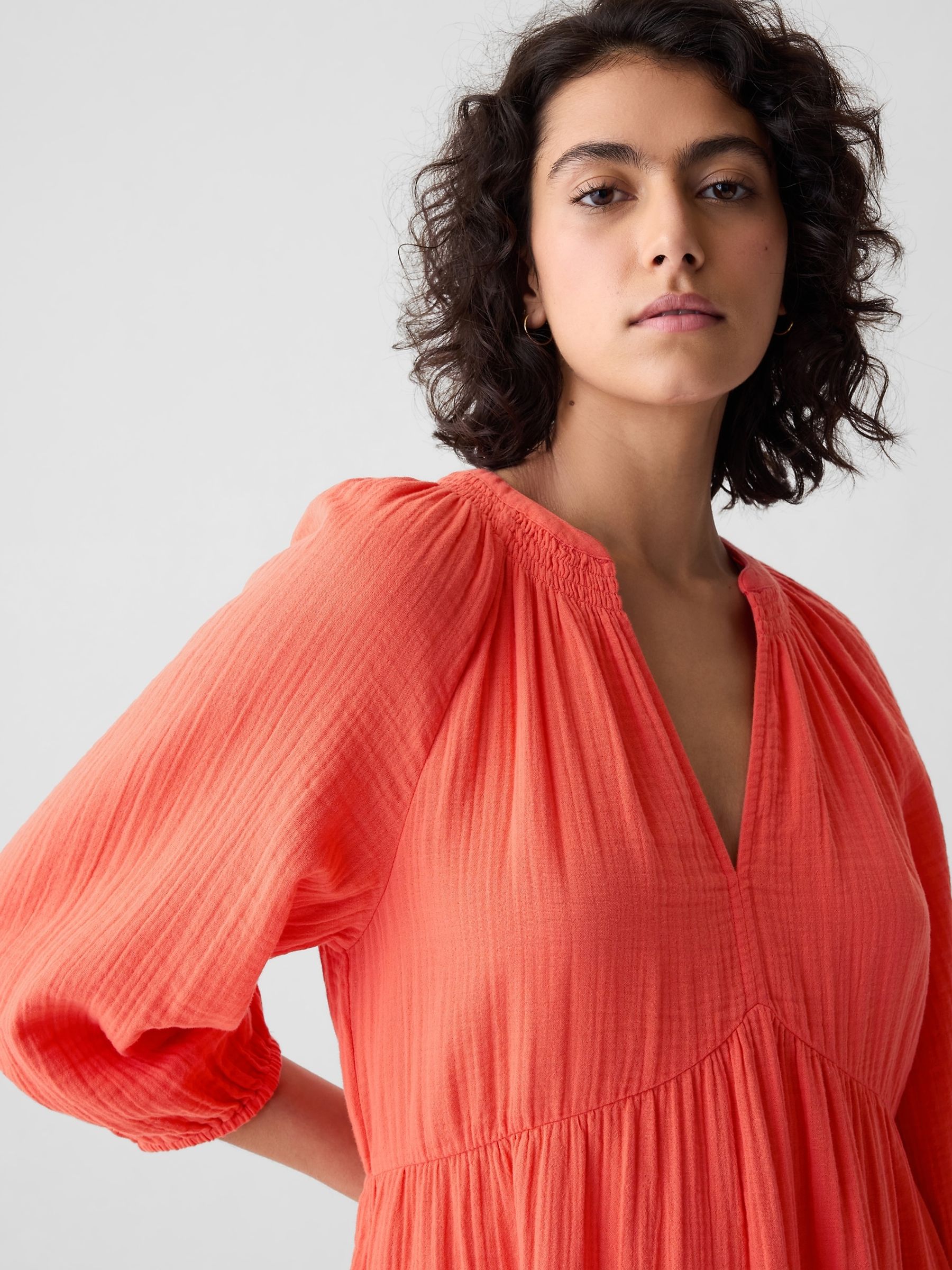 Orange Crinkle Cotton 3/4 Sleeve Tiered Mini Dress - Image 5 of 6