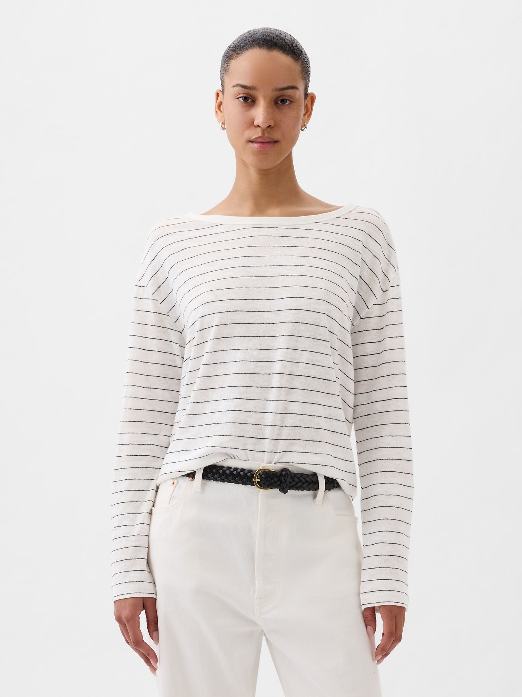 White Stripe Linen Blend Long Sleeve Boatneck T-Shirt - Image 1 of 4