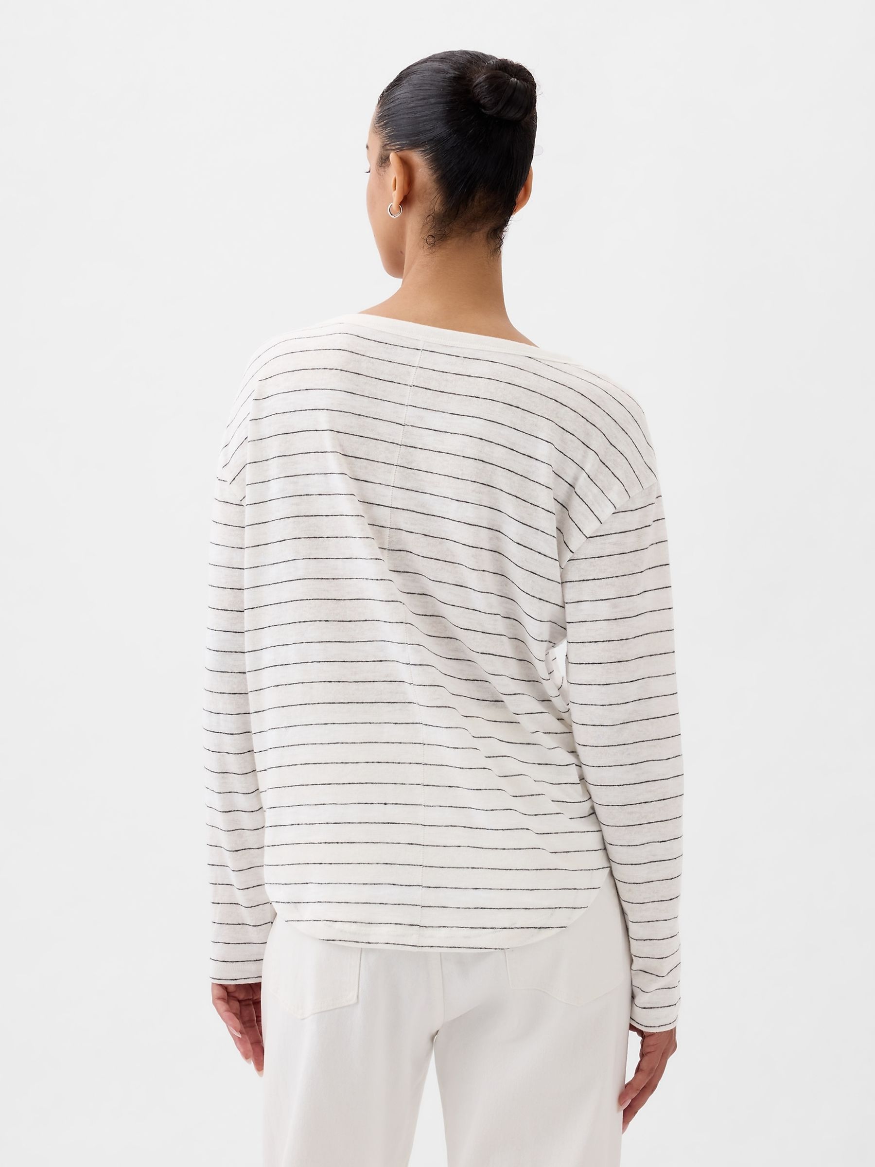 White Stripe Linen Blend Long Sleeve Boatneck T-Shirt - Image 2 of 4