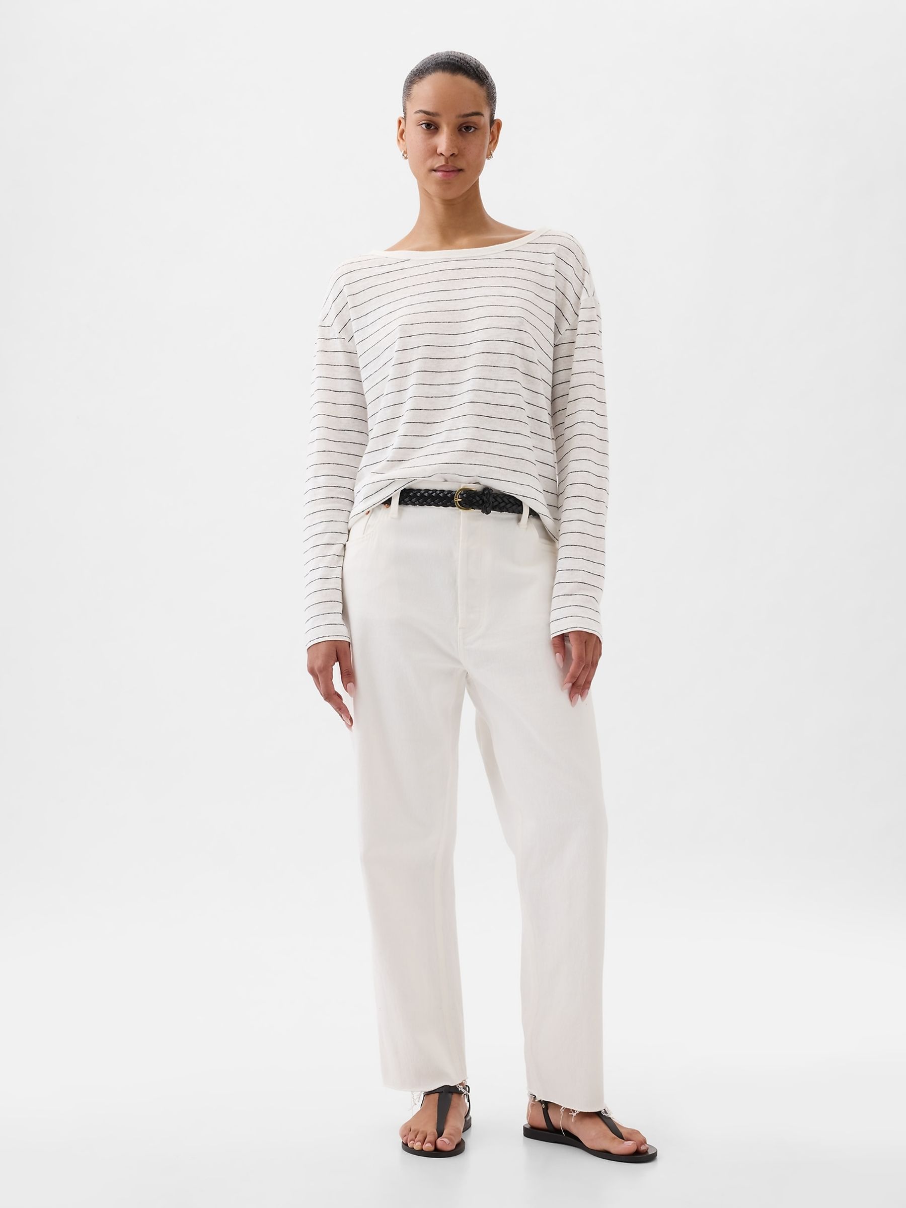 White Stripe Linen Blend Long Sleeve Boatneck T-Shirt - Image 3 of 4