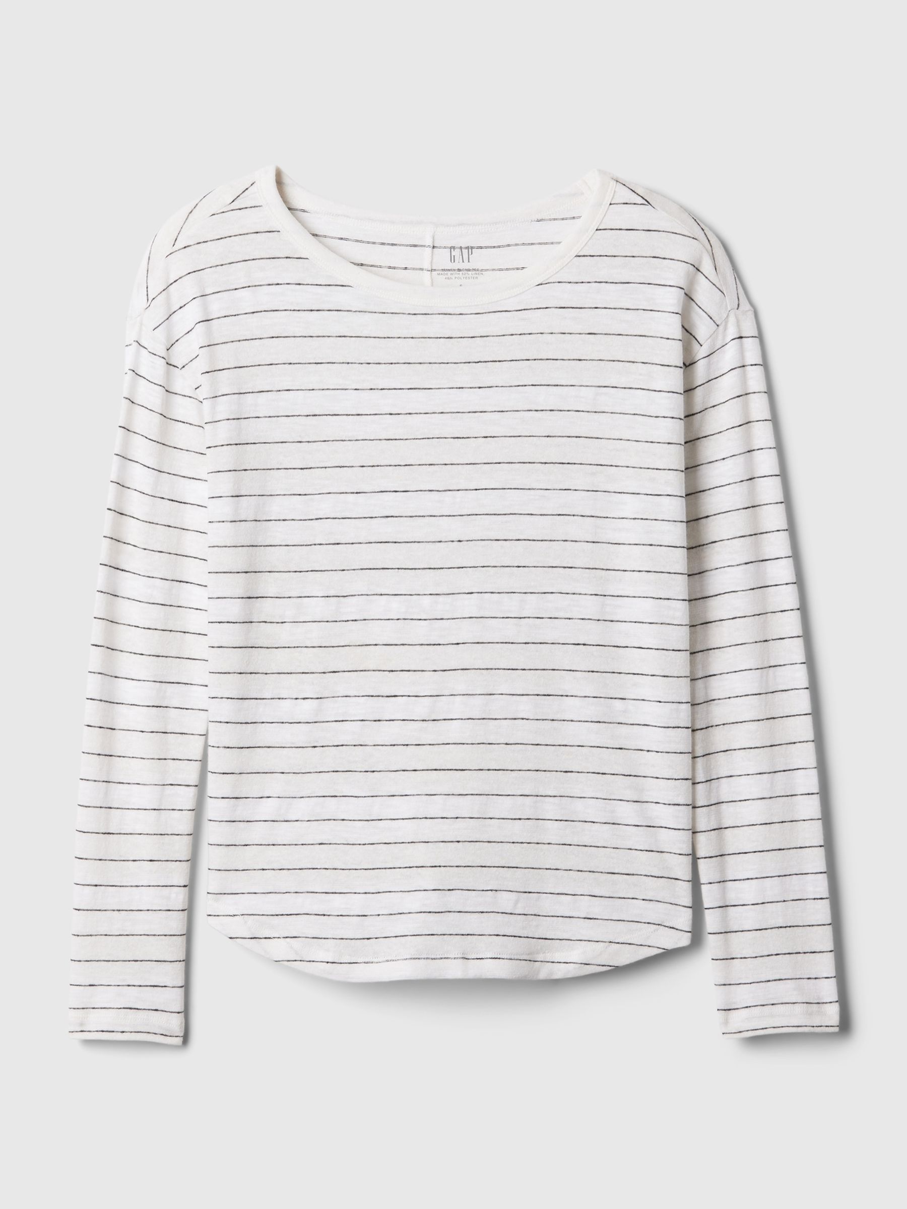 White Stripe Linen Blend Long Sleeve Boatneck T-Shirt - Image 4 of 4