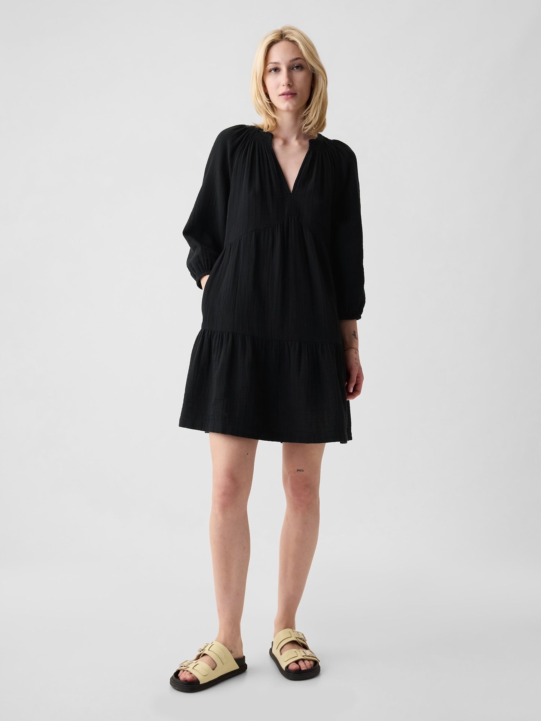 Black Crinkle Cotton 3/4 Sleeve Tiered Mini Dress - Image 1 of 3