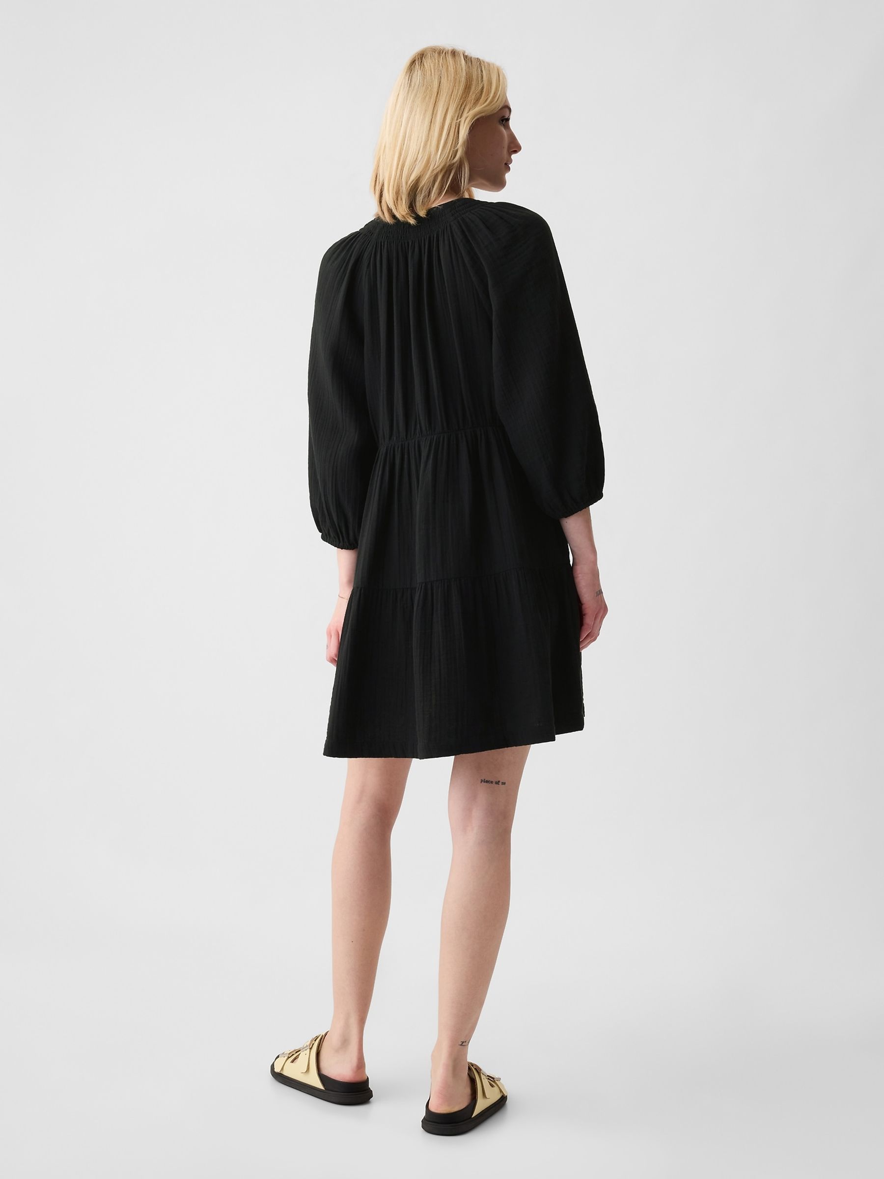 Black Crinkle Cotton 3/4 Sleeve Tiered Mini Dress - Image 2 of 3
