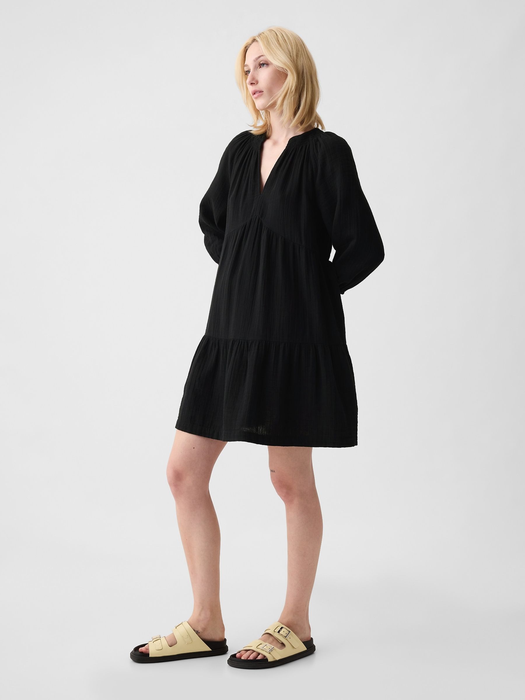 Black Crinkle Cotton 3/4 Sleeve Tiered Mini Dress - Image 3 of 3