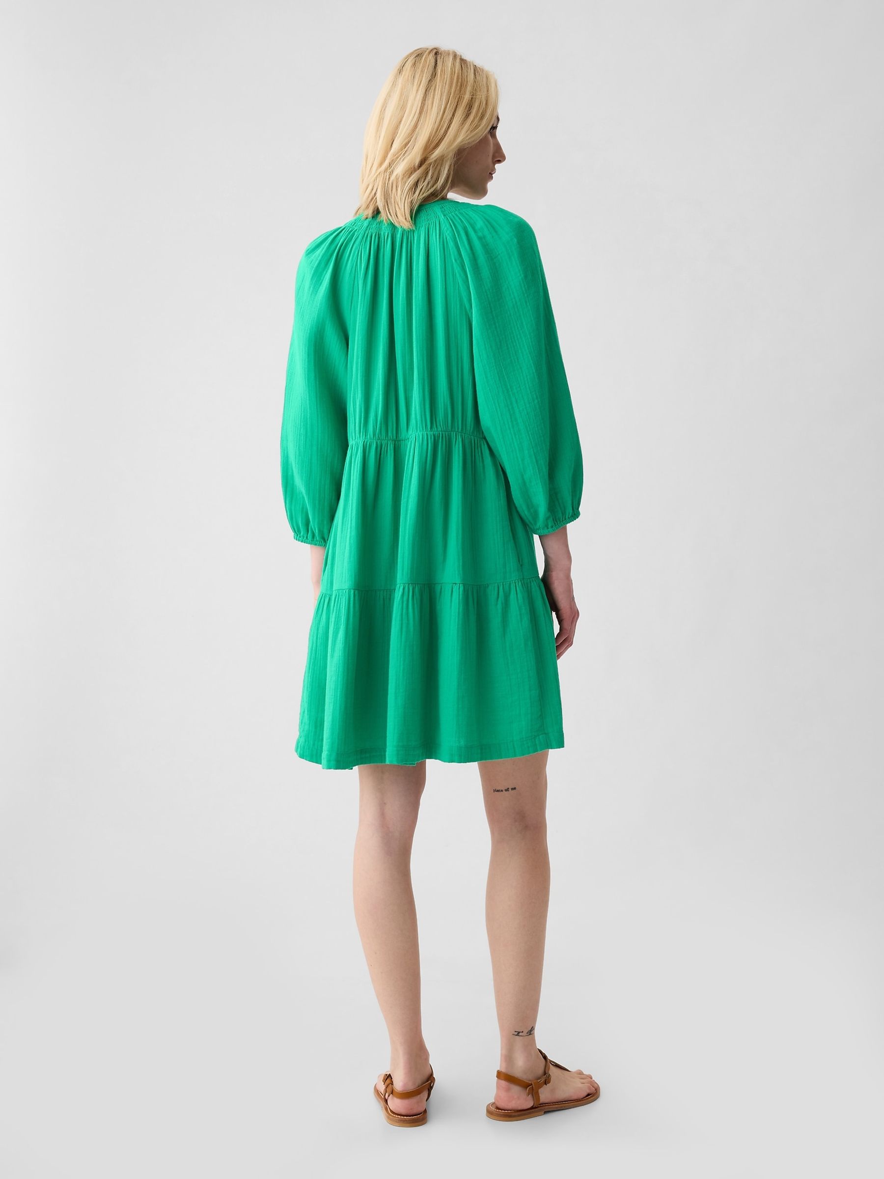 Green Crinkle Cotton 3/4 Sleeve Tiered Mini Dress - Image 2 of 6
