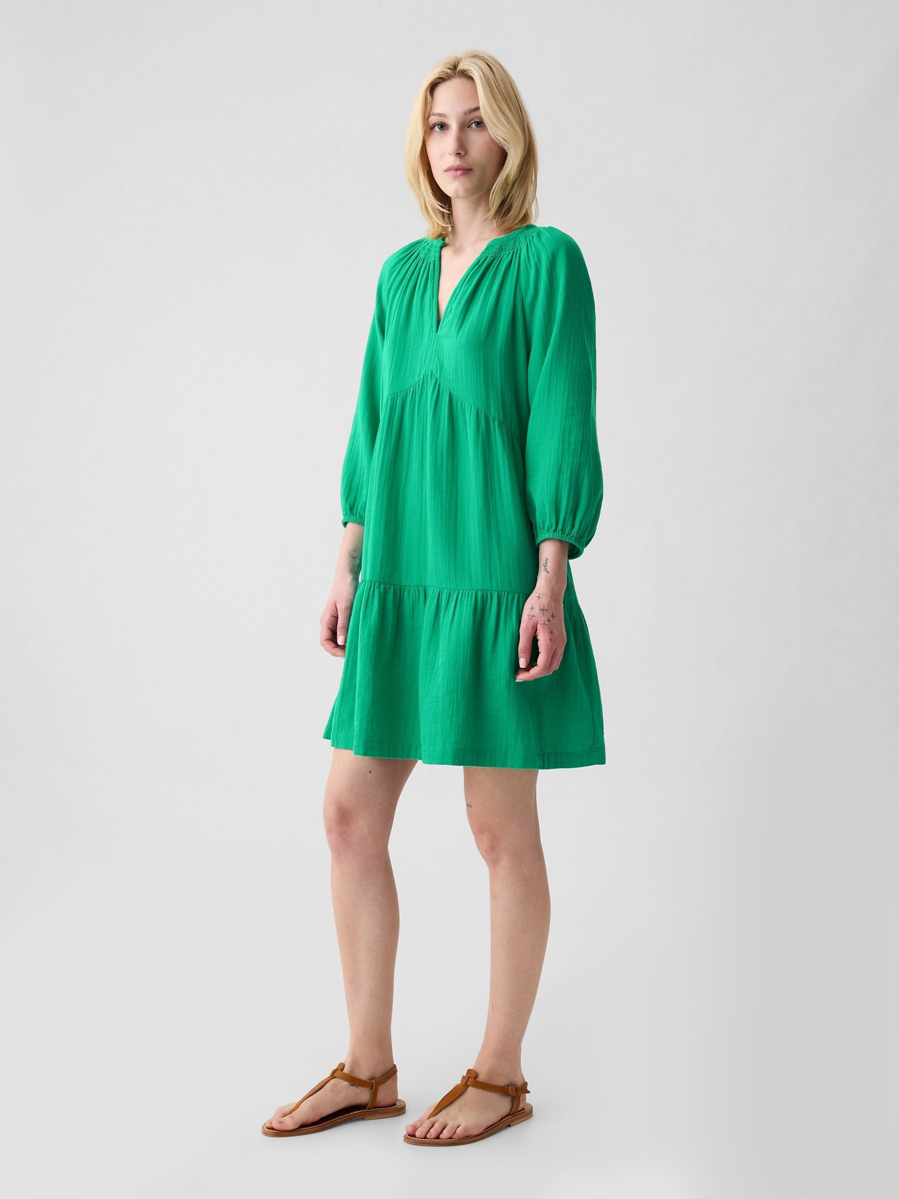 Green Crinkle Cotton 3/4 Sleeve Tiered Mini Dress - Image 3 of 6