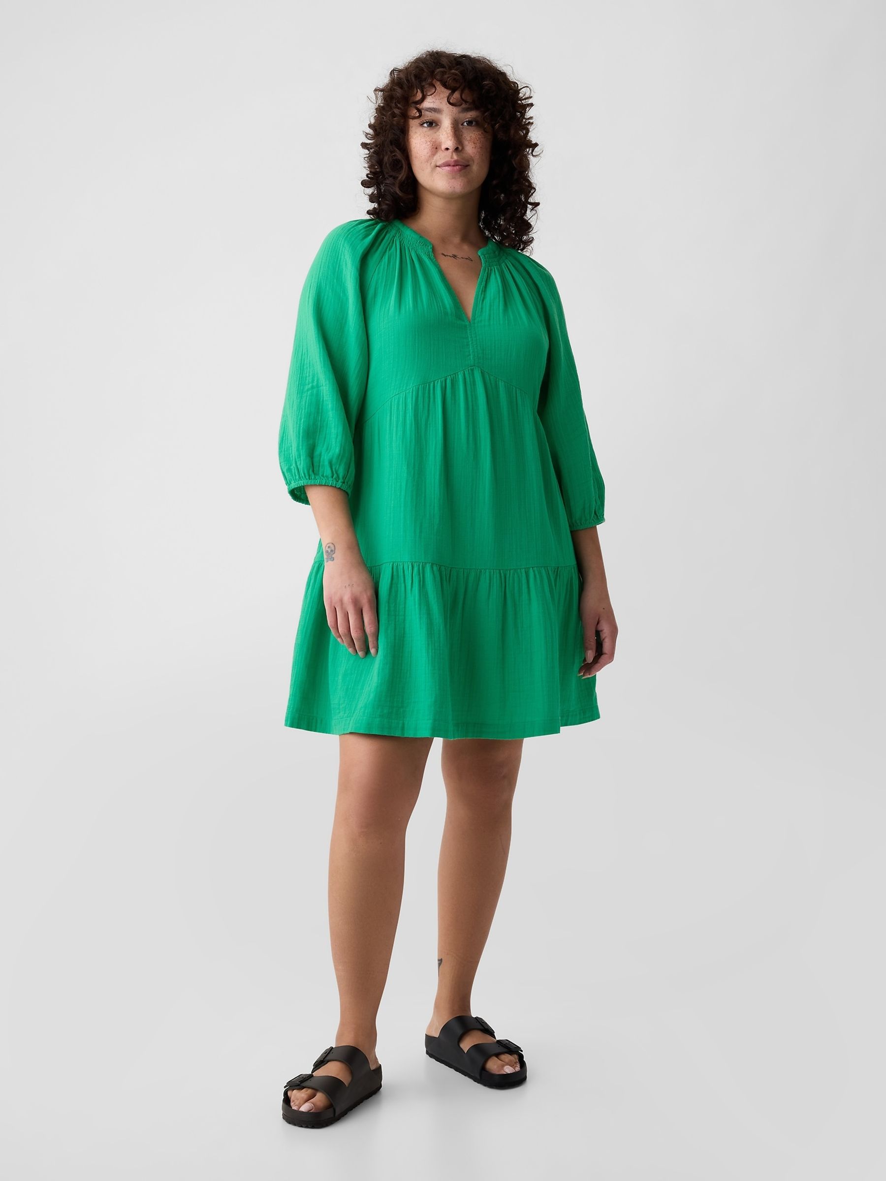 Green Crinkle Cotton 3/4 Sleeve Tiered Mini Dress - Image 4 of 6