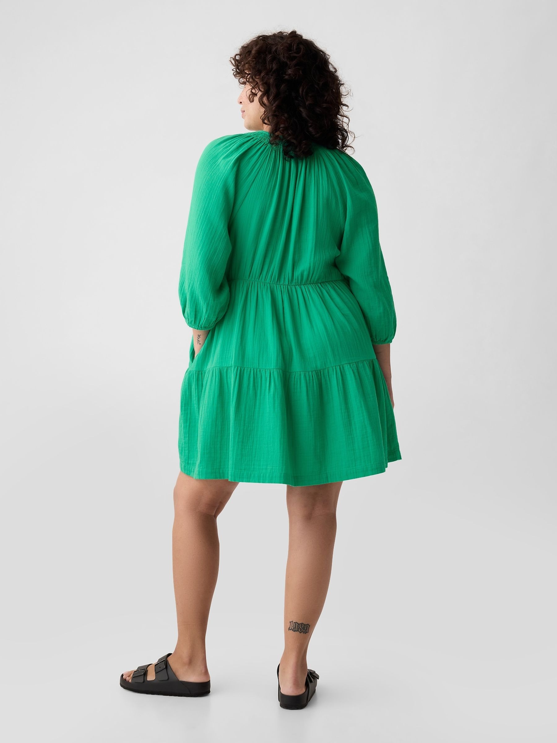 Green Crinkle Cotton 3/4 Sleeve Tiered Mini Dress - Image 5 of 6