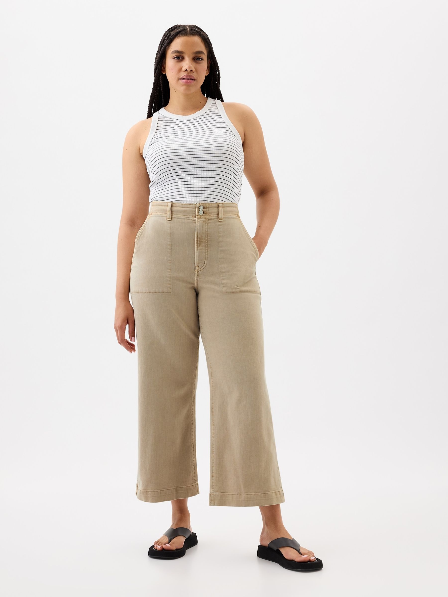 Beige High Waist Wide Leg Cropped Jeans - Image 1 of 7