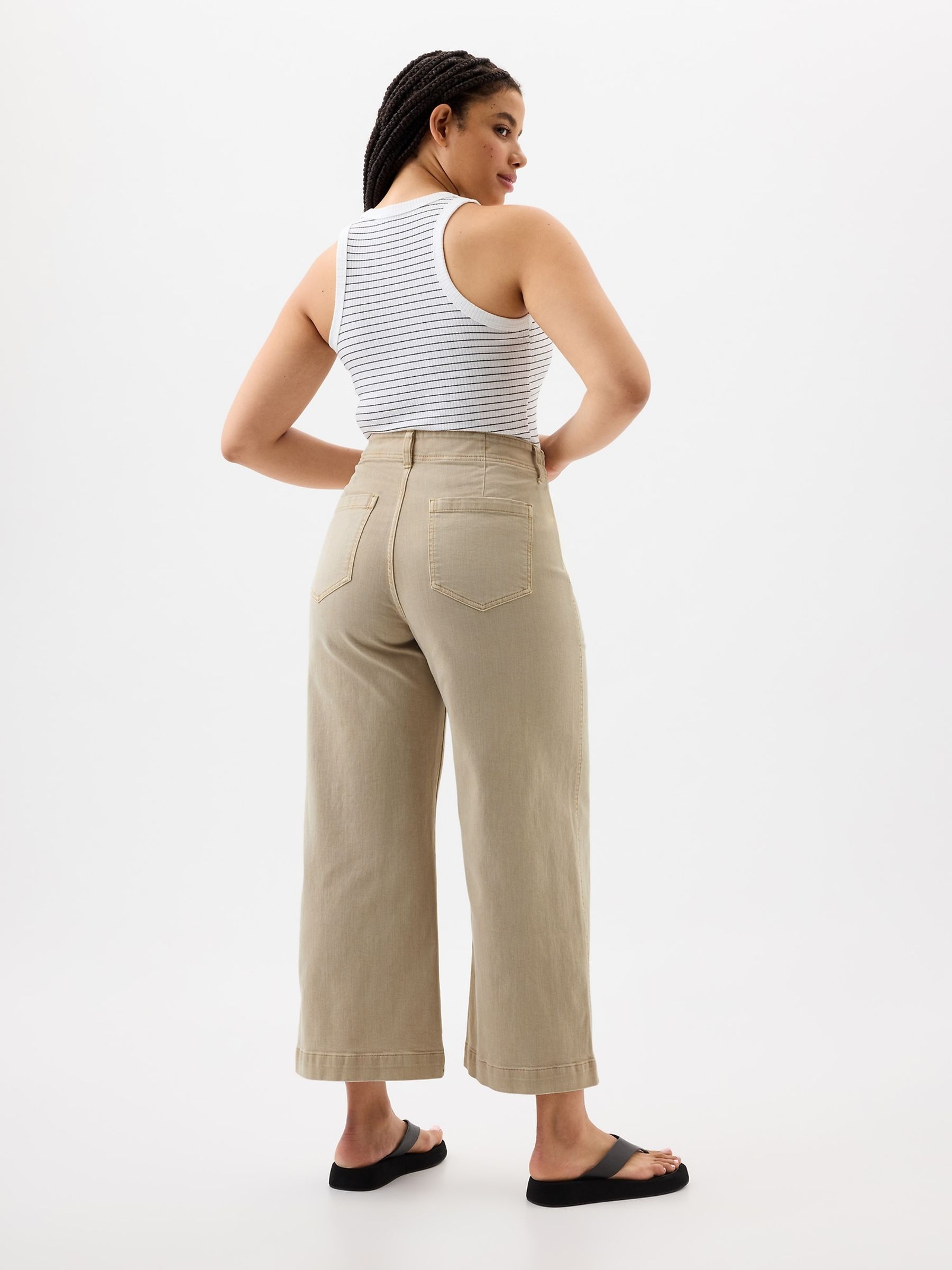 Beige High Waist Wide Leg Cropped Jeans - Image 2 of 7