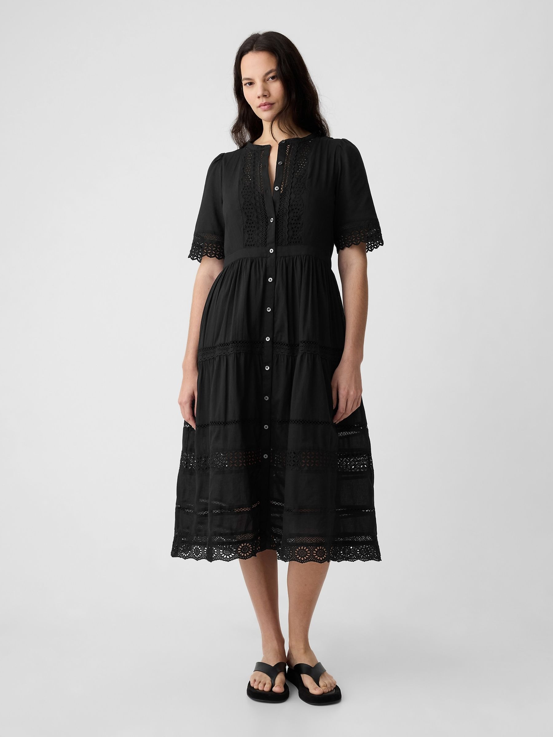 Black Cotton Lace Midi Dress - Image 1 of 5