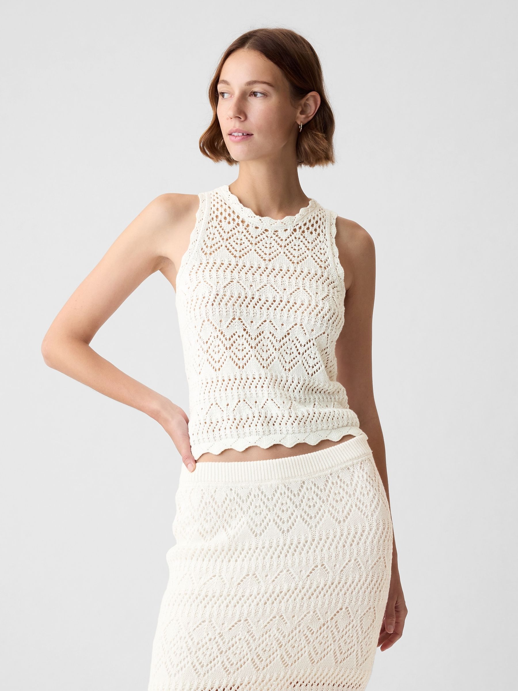 Off White Crochet Racer Back Vest - Image 1 of 4